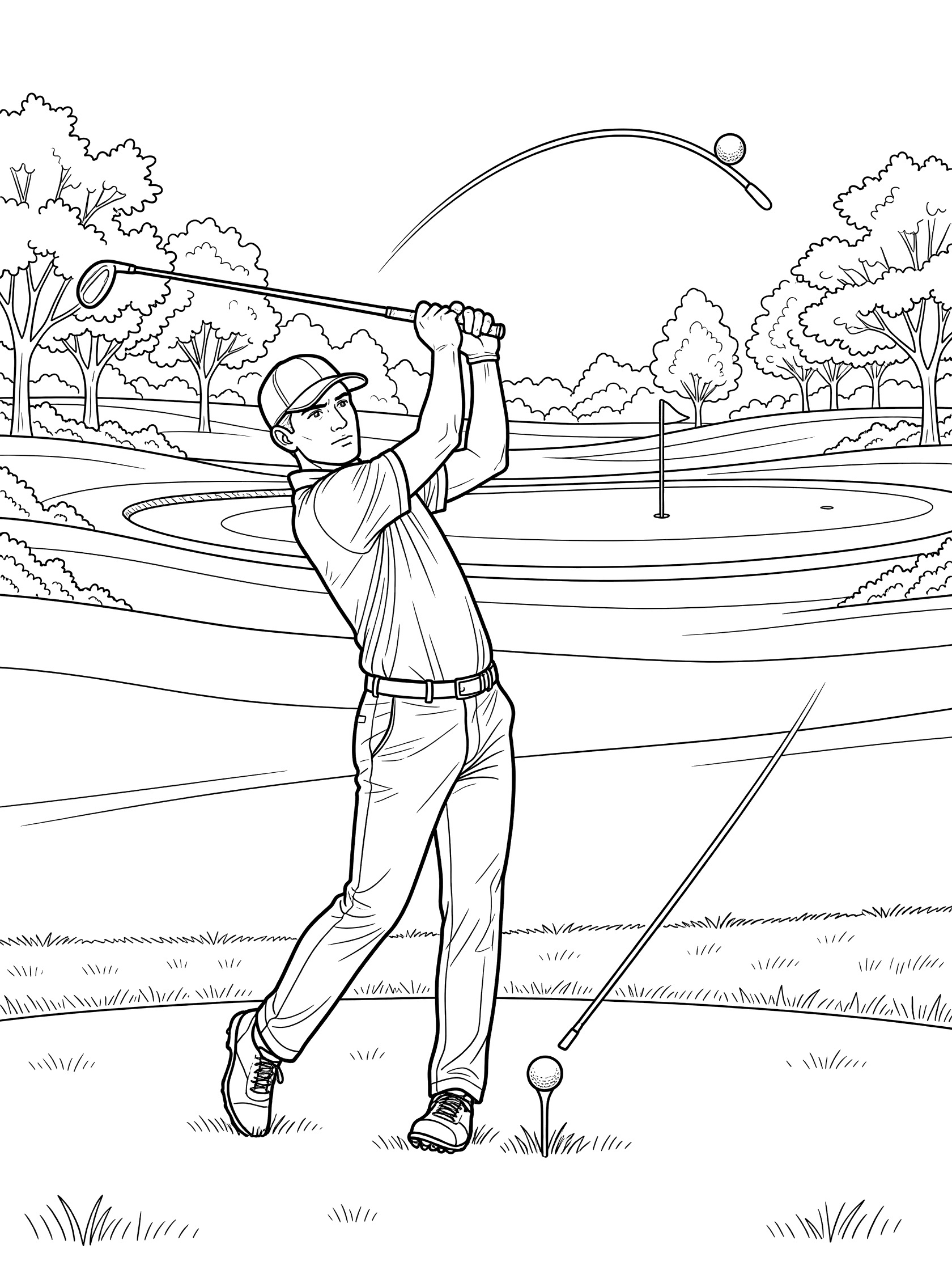 Golfer completing powerful follow-through pose after driver shot, ball arcing in air over fairway with flag, trees and grass in clean line art