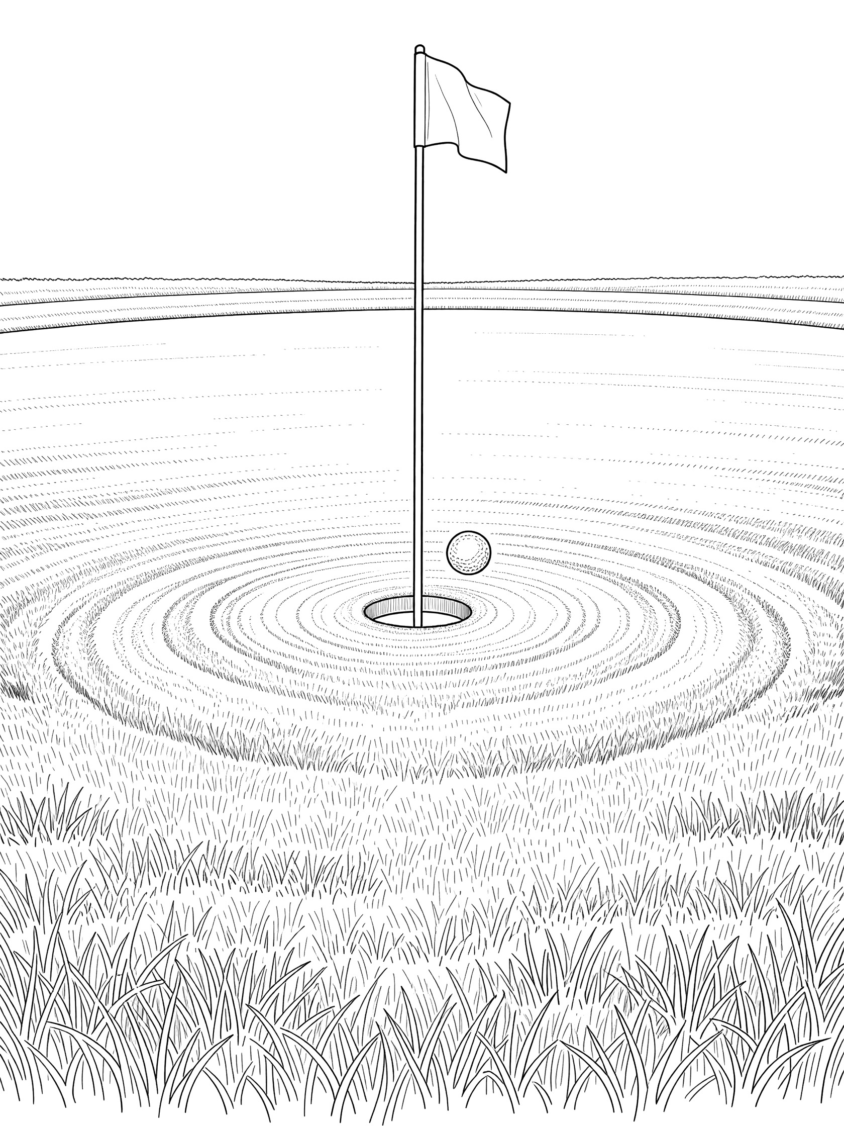 Detailed line art coloring page showing golf flagstick rising from putting green with golf ball circling the hole edge and fine grass details