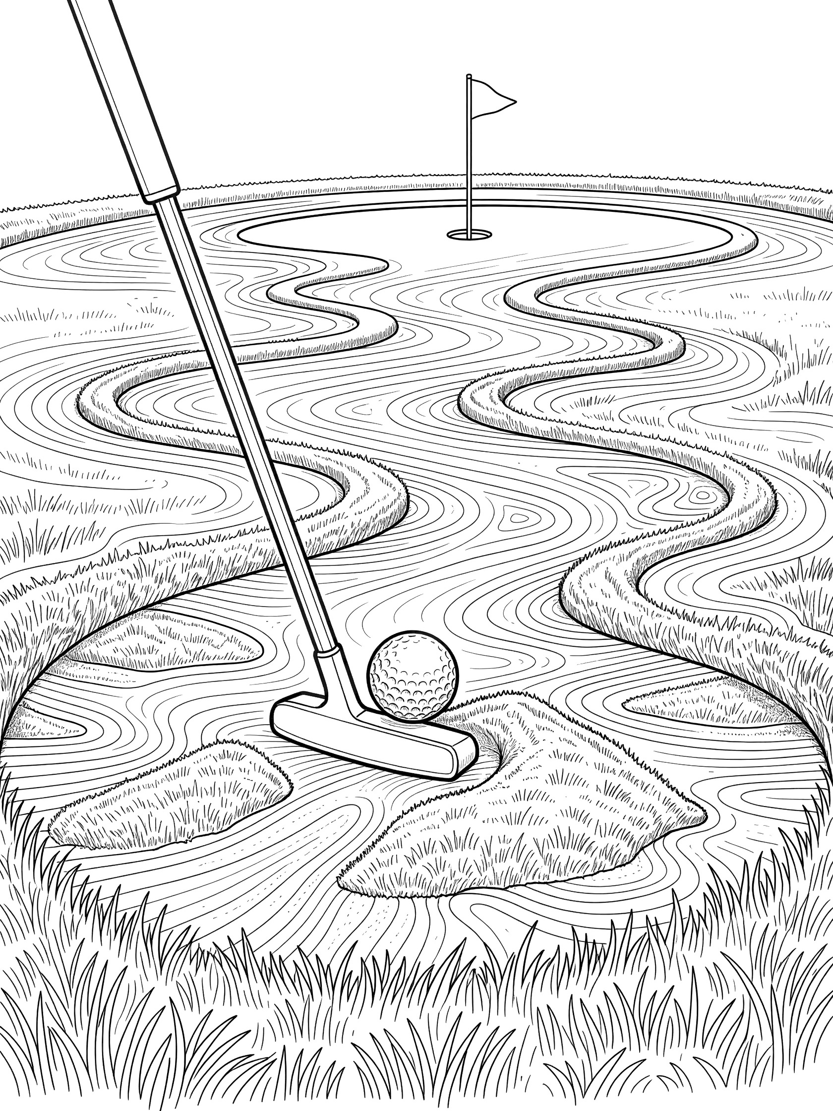 Line art coloring page showing a putter pushing a golf ball across bumpy wavy terrain on a putting green with flag and hole.
