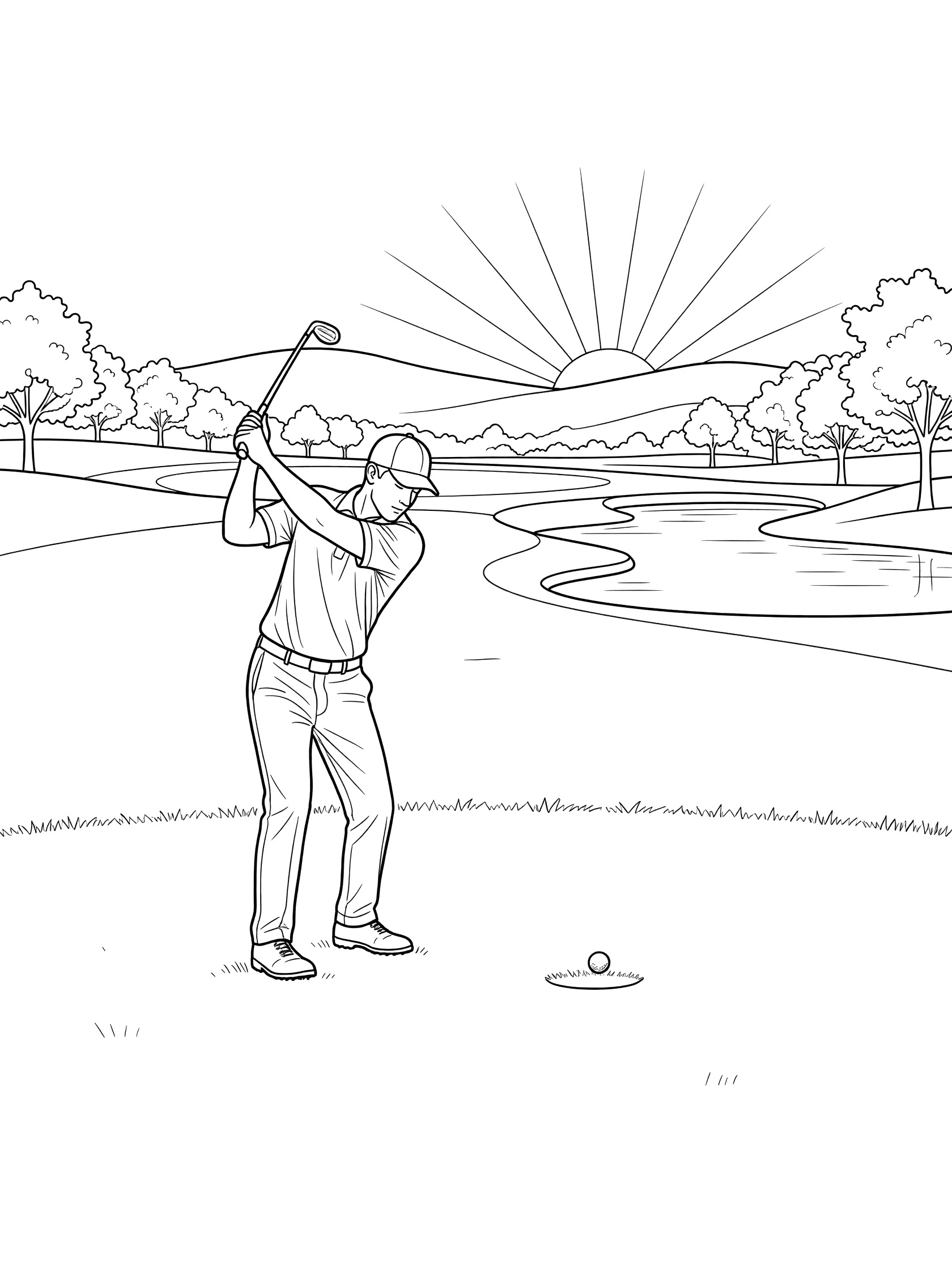 Line art coloring page showing golfer on fairway fringe chipping towards green with raised wedge, ball by divot, trees, water hazard, and sunrise in background.