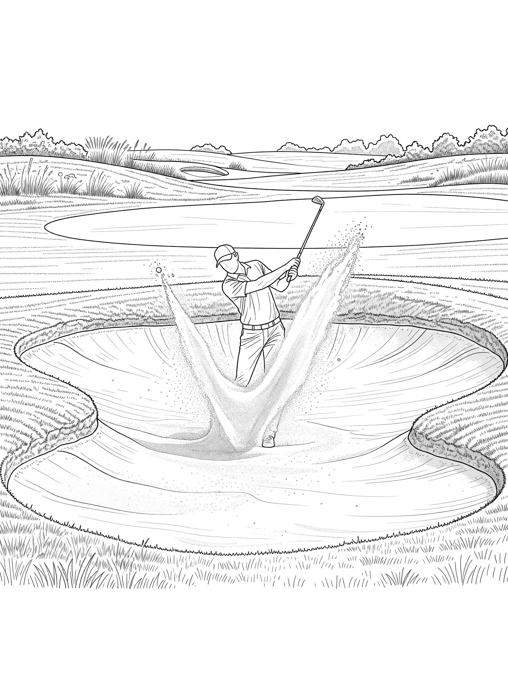 Black and white line art of a golfer swinging a golf club to strike a ball from a sand bunker, sand splashing behind, bunker edge to fairway and distant rough.