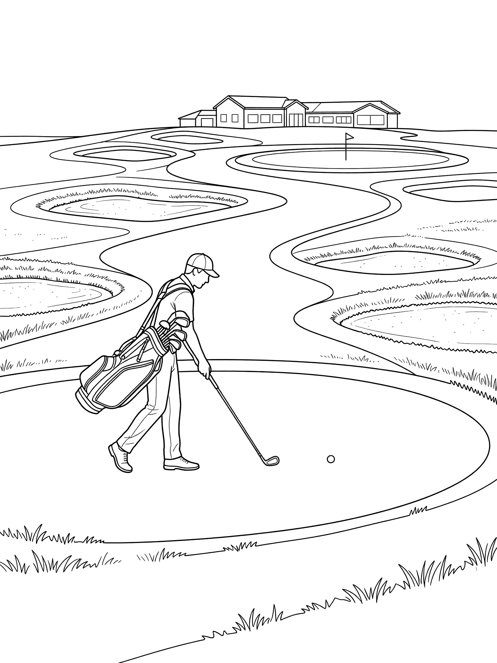 Line art coloring page showing golfer on fairway pulling club from bag, ball on flat grass, surrounded by bunkers and rough, dogleg to green, clubhouse in background.