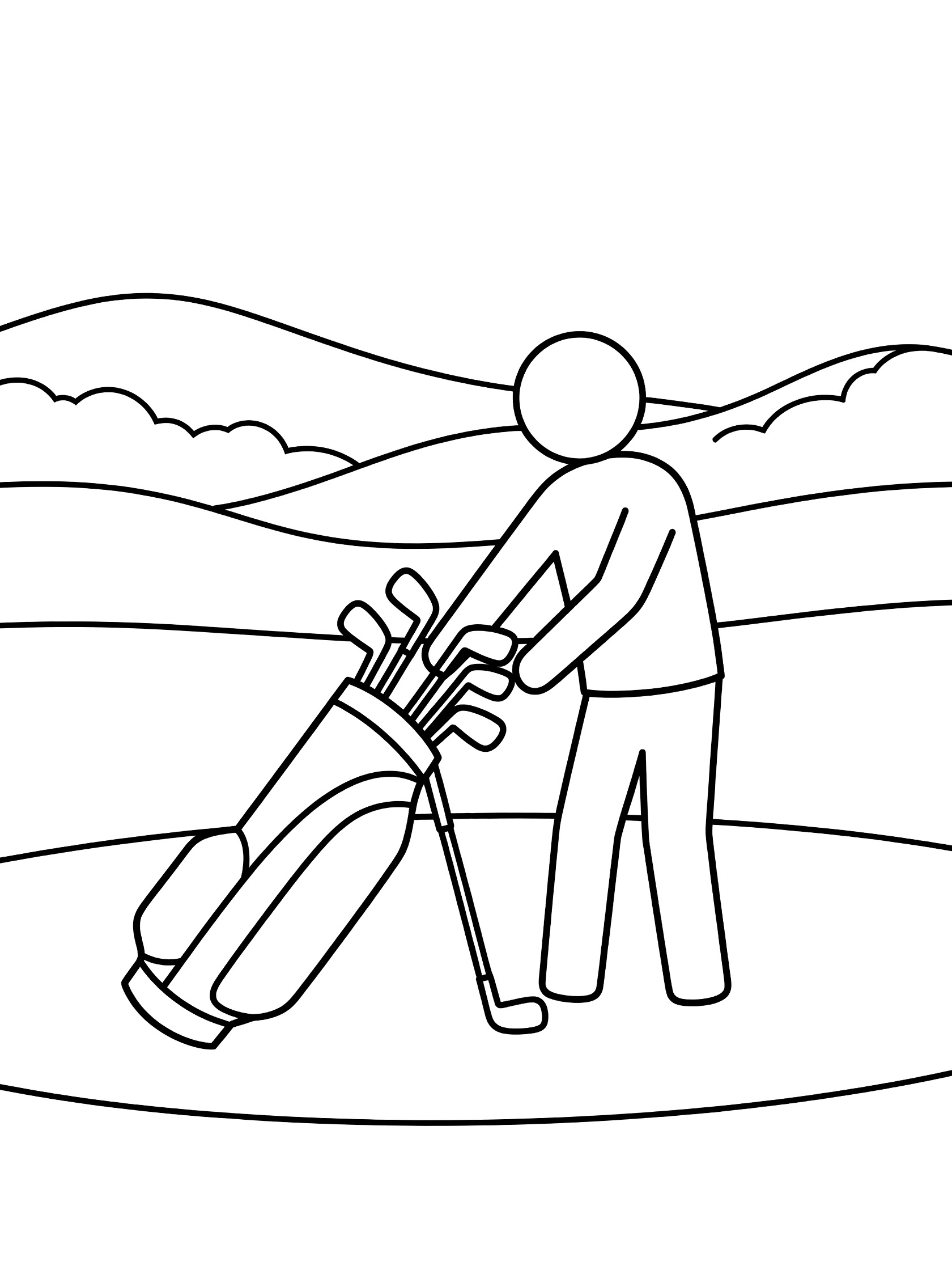 Black and white coloring page showing a golfer pulling a golf club from a golf bag on the fairway with hills in the background