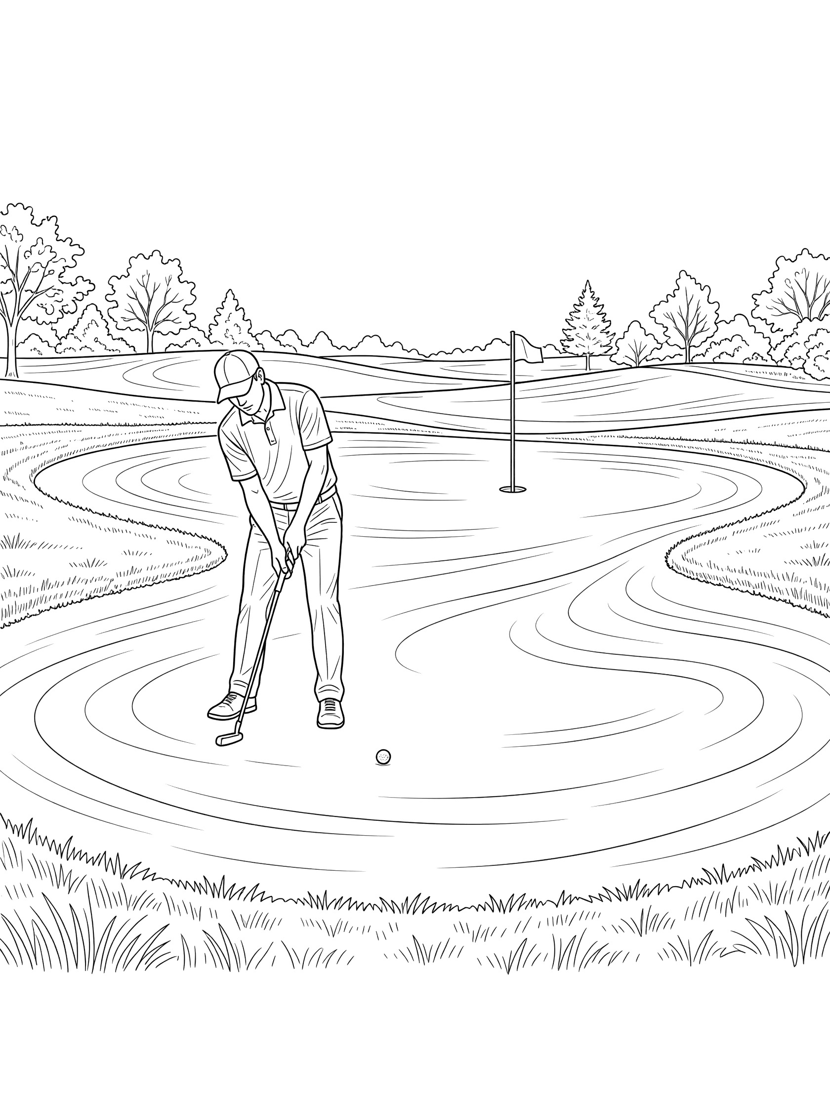 Line art coloring page showing a determined golfer standing over a golf ball on a wavy green, putter ready, with flagstick, distant trees, and water hazards