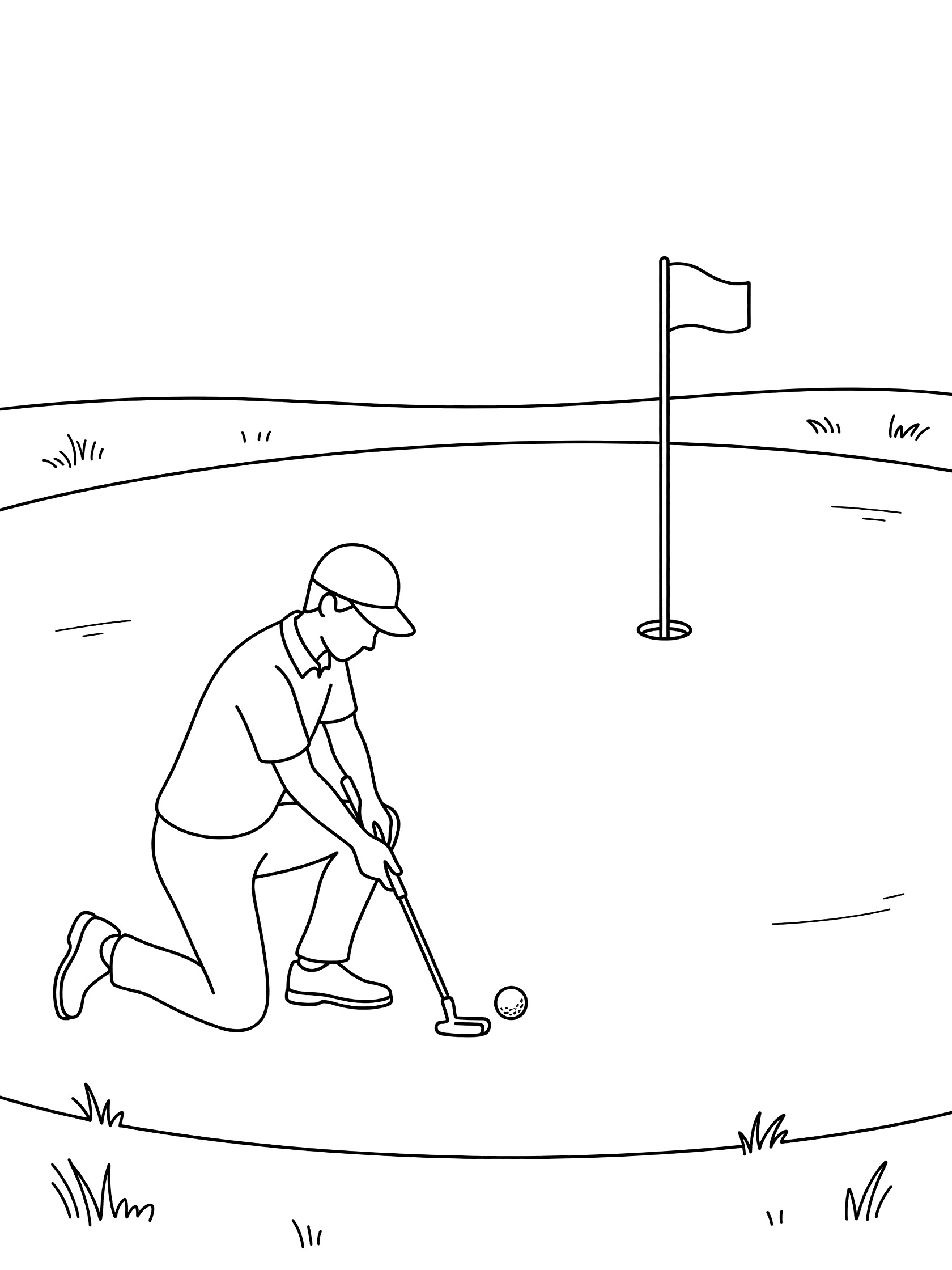Line art coloring page showing a golfer using a golf club to putt a ball on the green near the flagstick