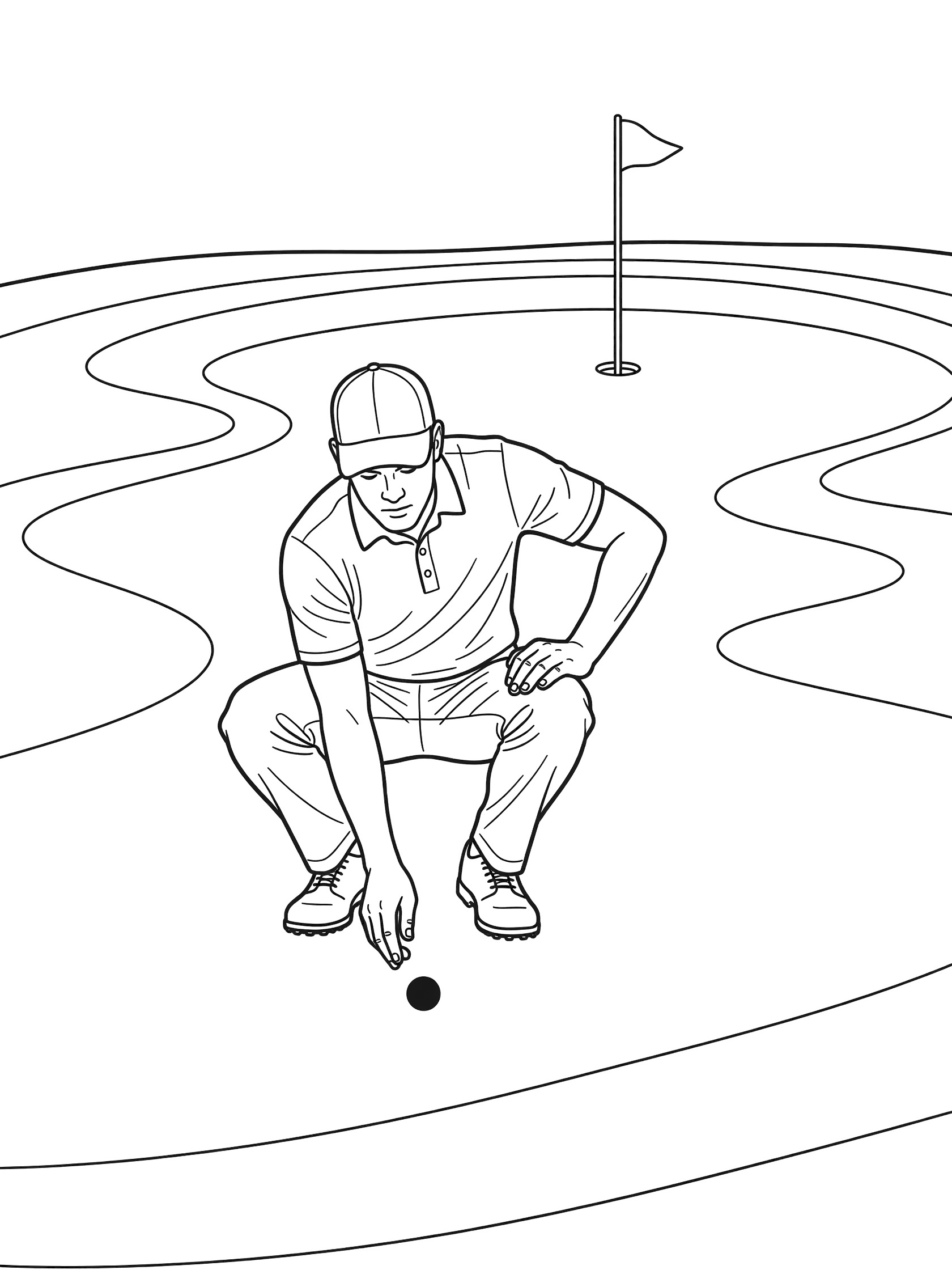 Line art coloring page showing a golfer low on sloped golf green next to ball, looking at hole with flagstick