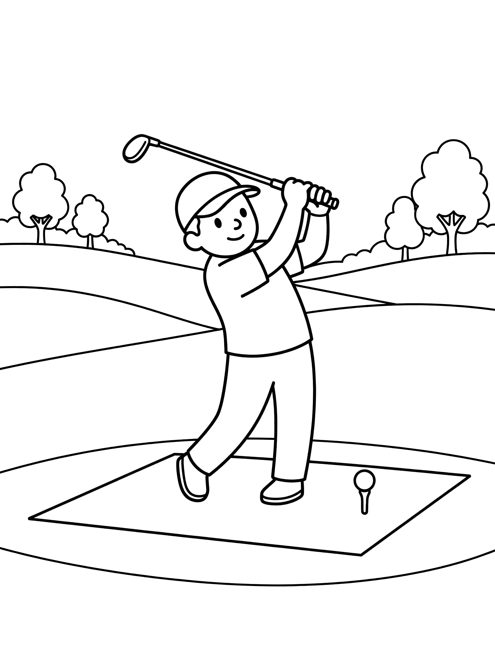 Black and white coloring page showing a happy golfer in mid-swing with a golf club hitting a golf ball on the tee box, surrounded by gentle hills and trees.