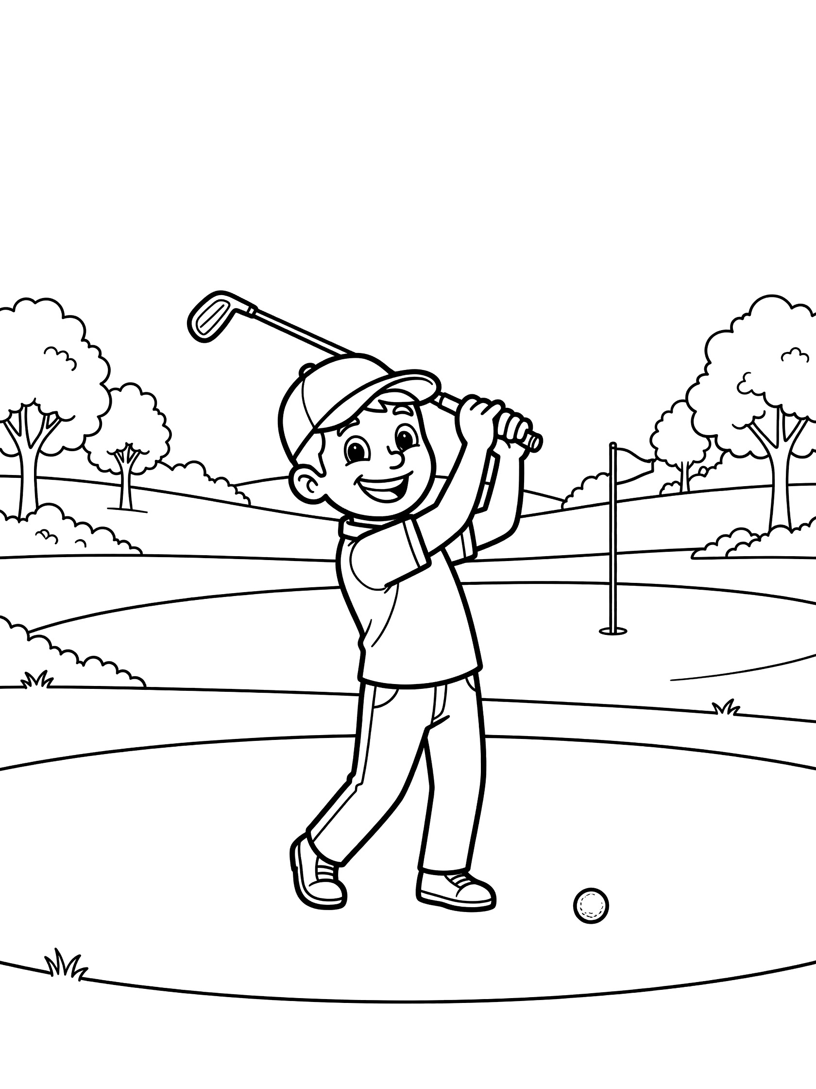 Cartoon golfer mid-swing with iron on smooth fairway, golf ball ahead, distant flagstick, trees and hills in clean line art.