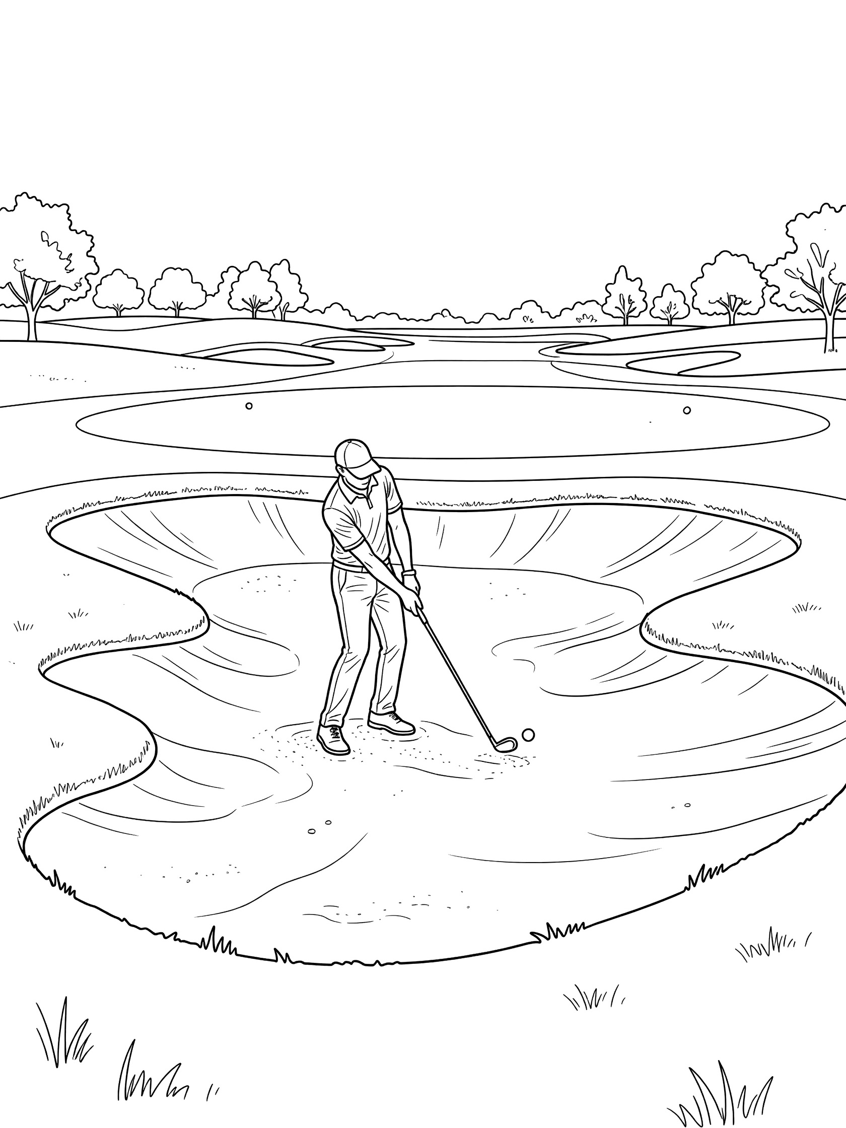 Black and white line art of a golfer mid-swing in a golf bunker, hitting the ball towards the fairway with trees in the background