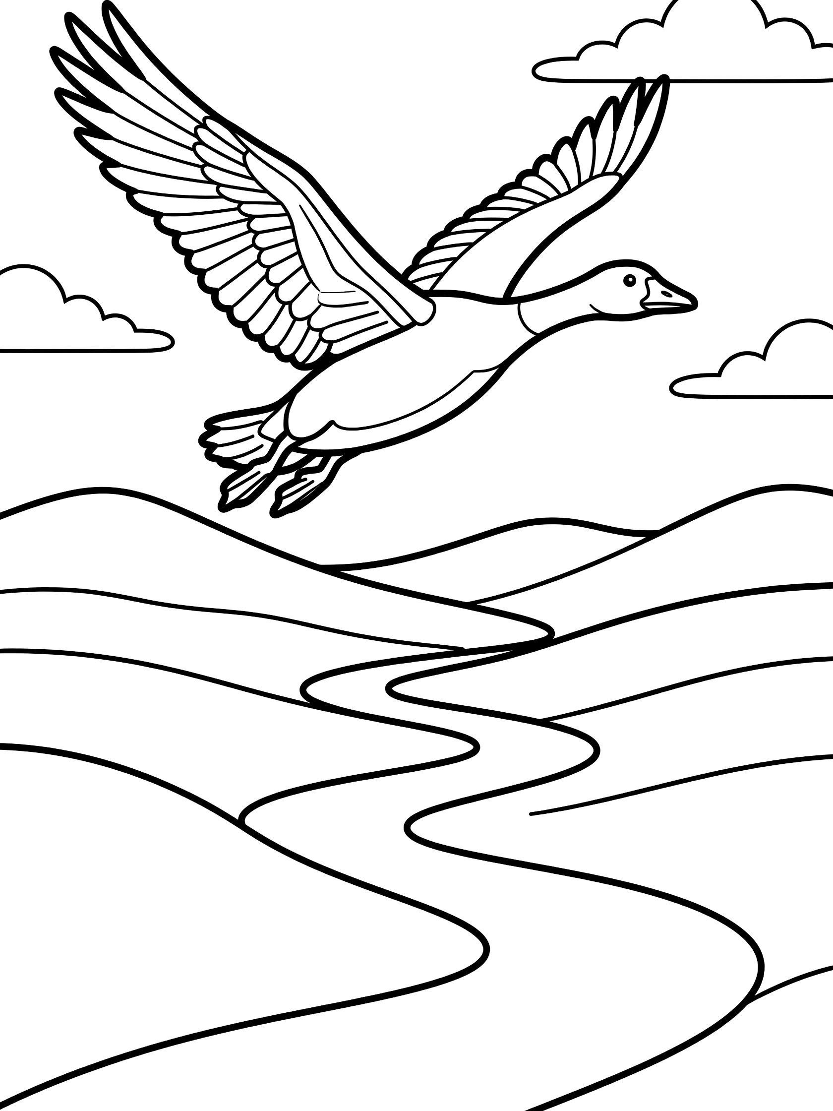 Black and white line art coloring page showing a goose with wings spread flying over curved hills, a twisty river, and scattered clouds