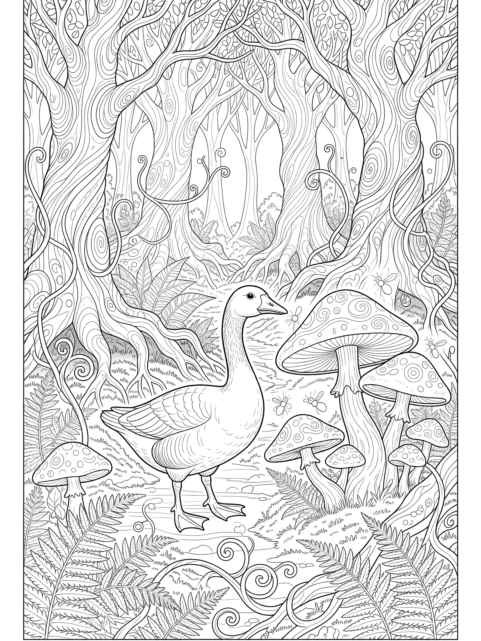Black and white line art coloring page of a goose standing in a forest with mushrooms, twisted trees, ferns, and vines.
