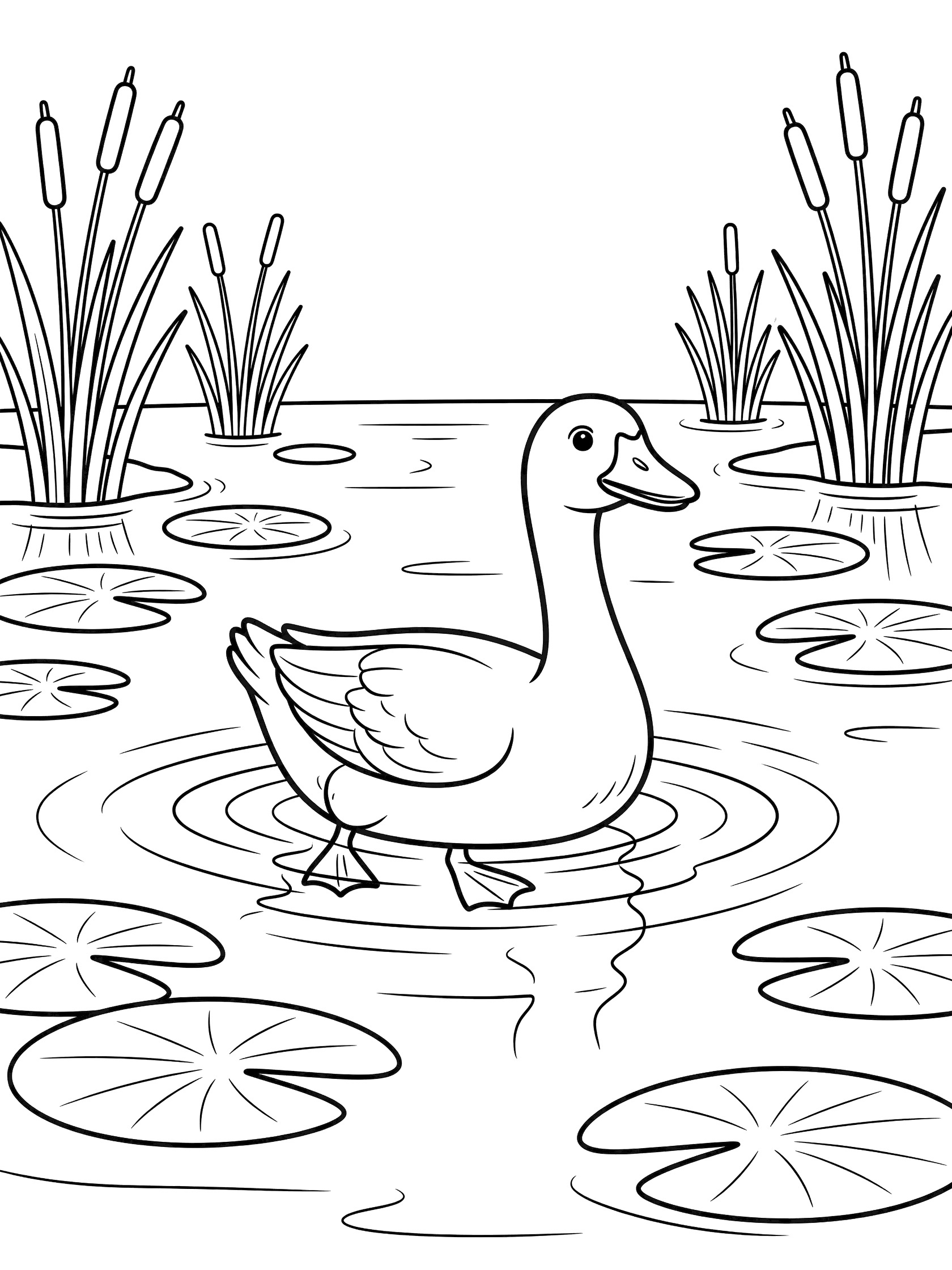 Printable coloring book page showing a goose swimming among lily pads and reeds in a pond with ripples around its feet