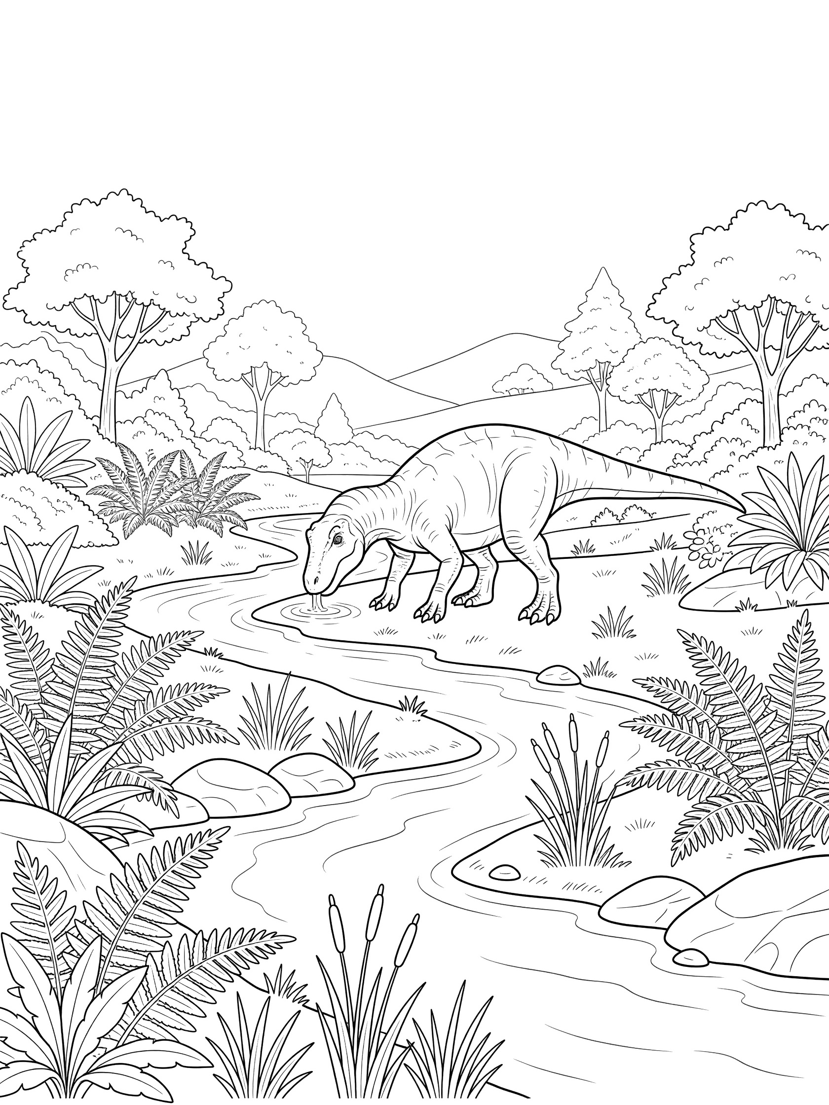 Black-and-white coloring page of a Gorgosaurus dinosaur standing by a river, bending to drink water with ferns, reeds, rocks, trees, and misty hills in the background.