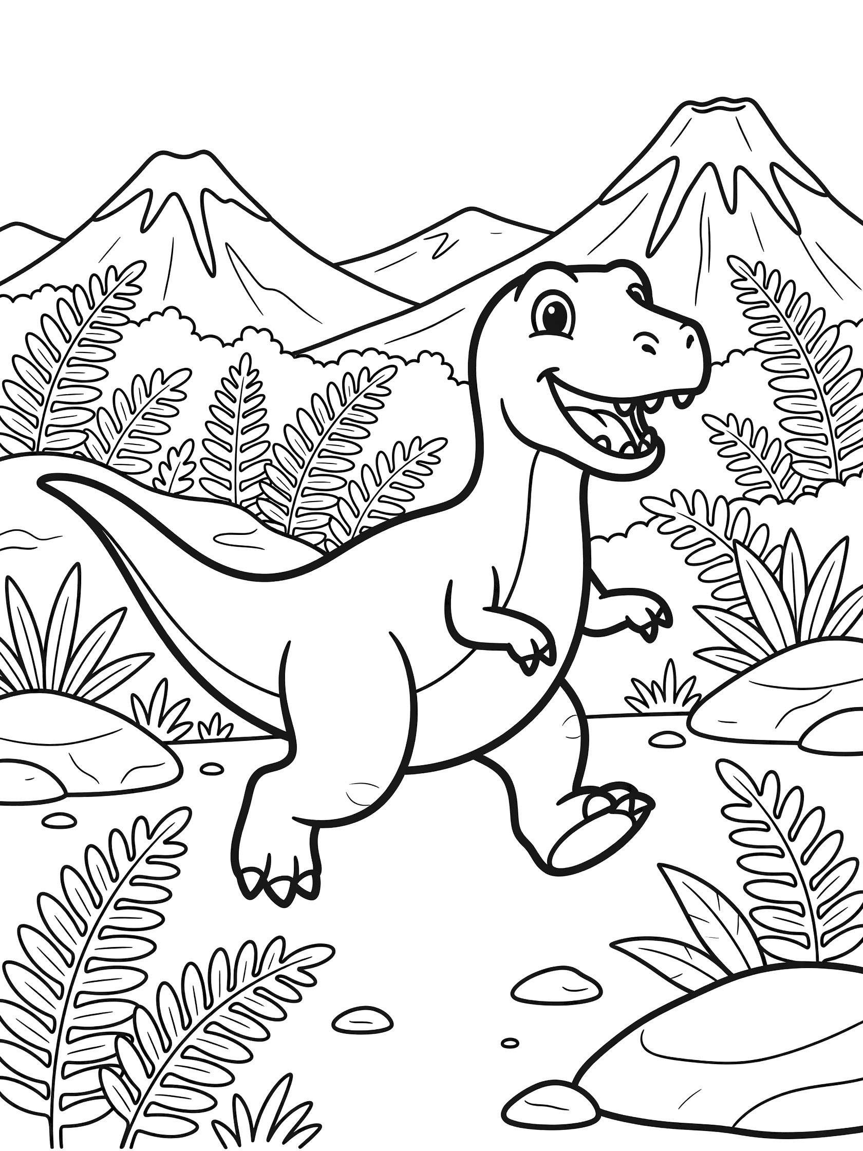 Cute cartoon Gorgosaurus dinosaur running dynamically with stubby arms, powerful legs, long tail, mouth open, big friendly eyes, surrounded by ferns, rocks, and distant volcanoes.