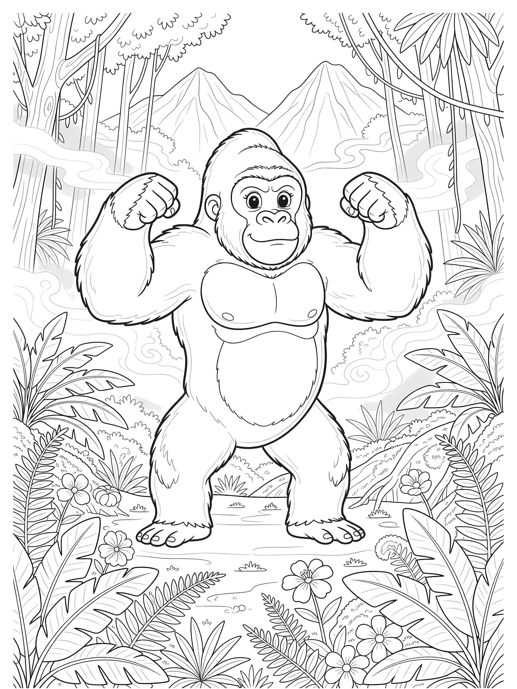 Black and white line art coloring page showing a gorilla standing tall beating its chest with arms raised in a misty jungle scene with trees, ferns, distant mountains, and ground mist.