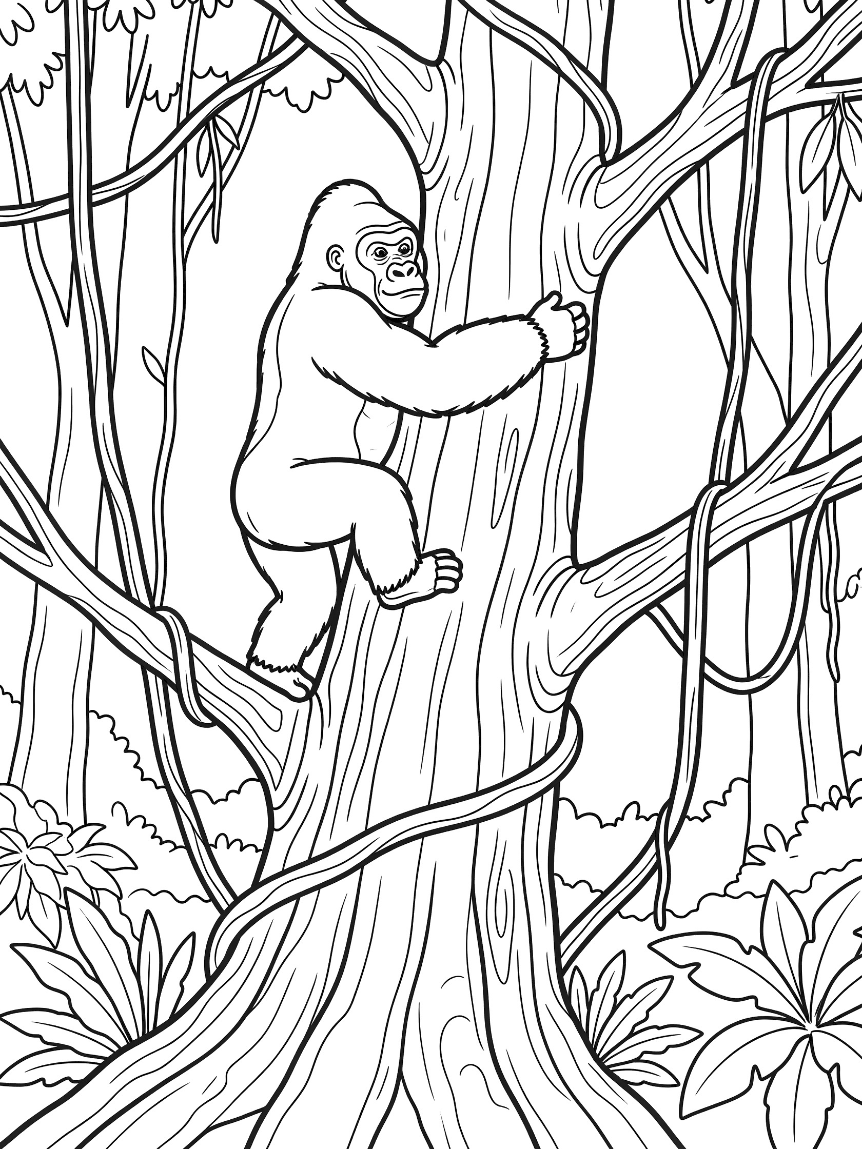 Black and white line art coloring page showing a strong gorilla climbing a tree trunk surrounded by vines, branches, and jungle leaves.