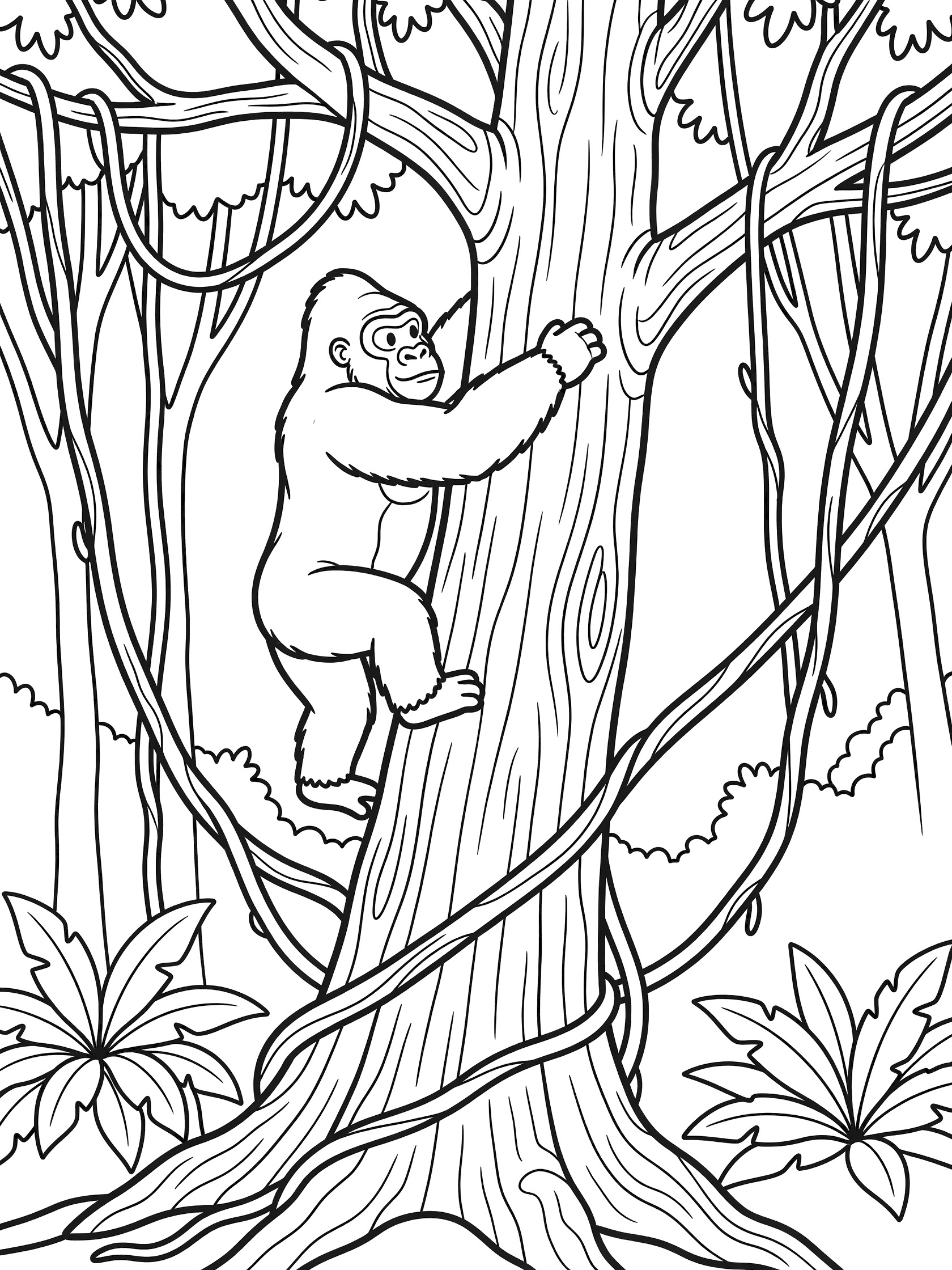 Black and white line art coloring page showing a strong gorilla climbing a thick tree trunk surrounded by vines, branches, and jungle leaves.