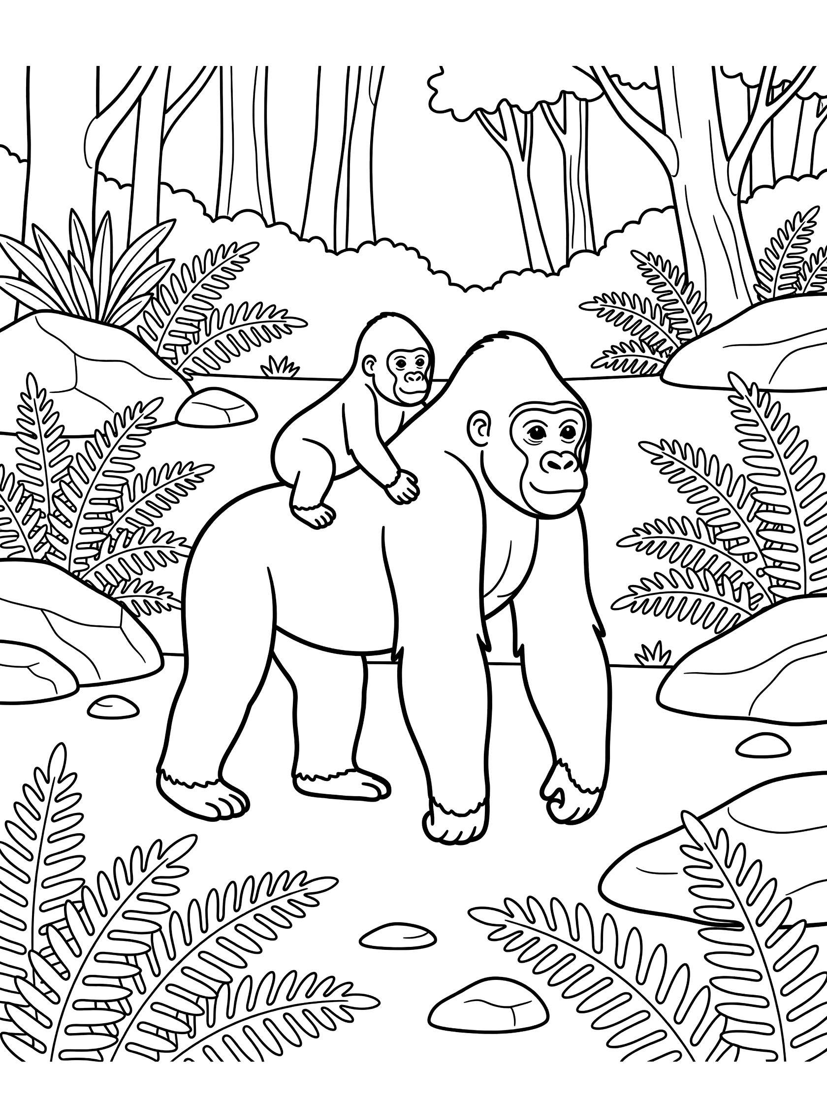 Black and white coloring page of a mother gorilla walking with baby gorilla on her back surrounded by ferns, trees, and rocks in a forest clearing.
