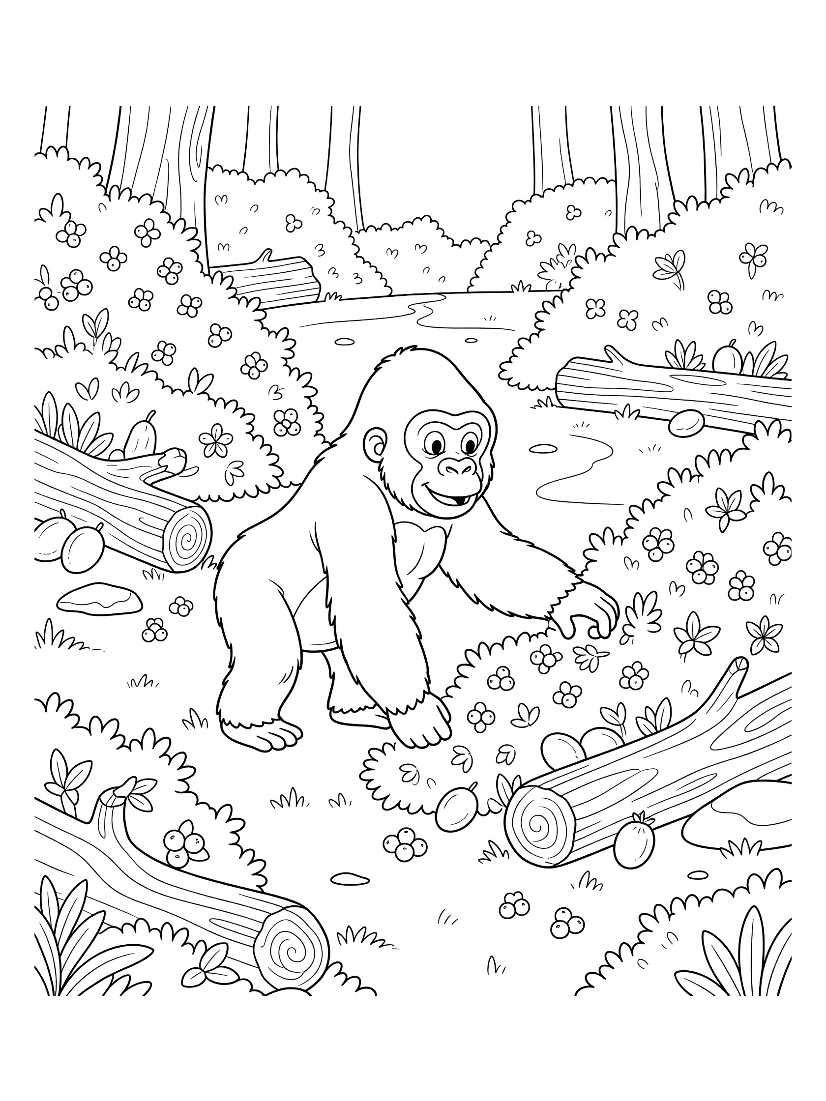 Black and white line art of a gorilla reaching for berries and fruits in a forest with bushes, fallen logs, rocks, and a stream.