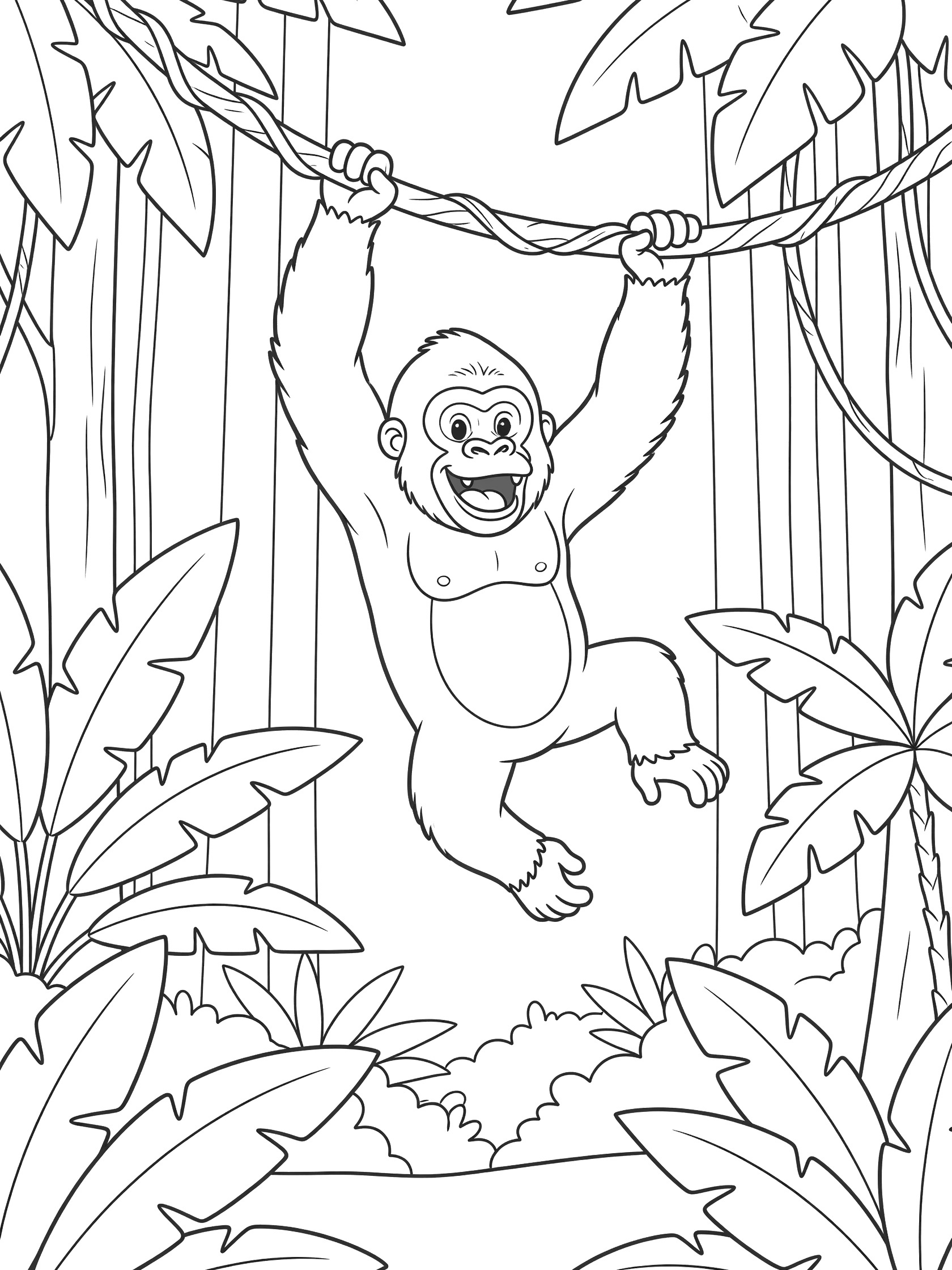 Black and white line art coloring page showing a happy gorilla swinging from a vine surrounded by jungle trees and large leaves.