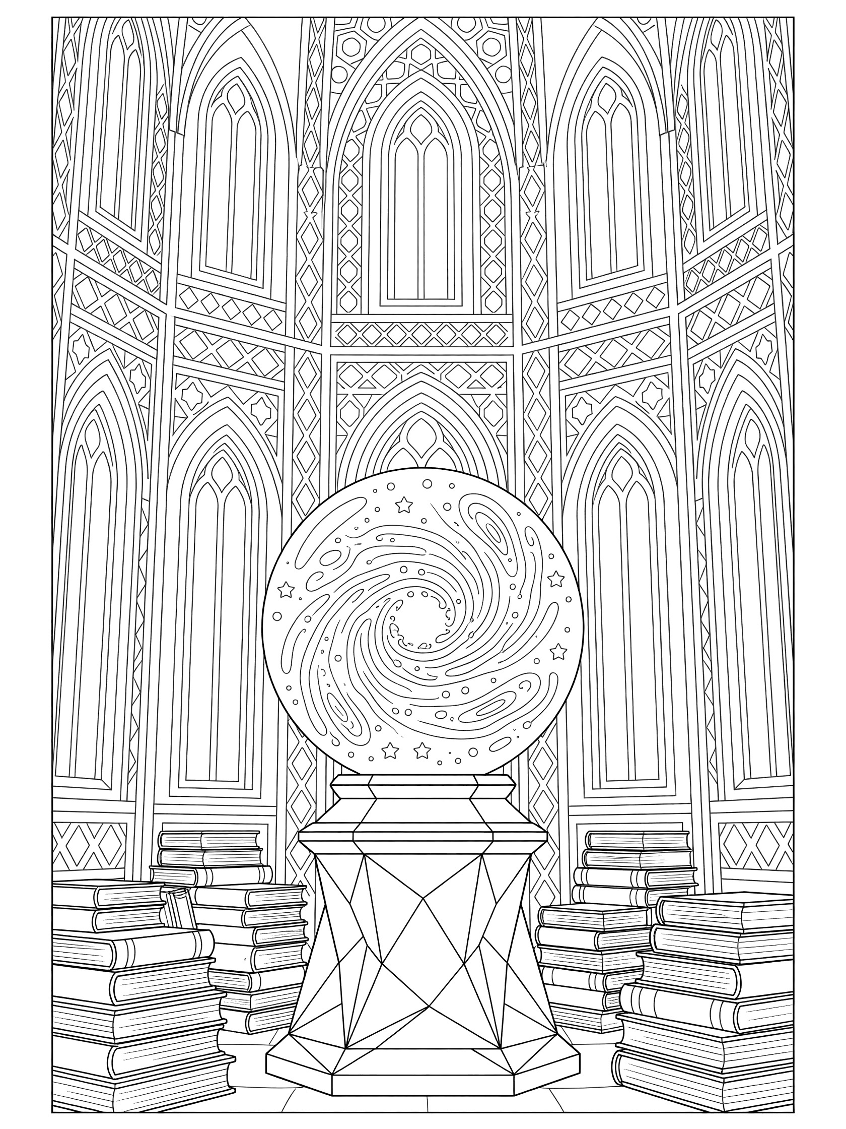 Black and white line art coloring page showing a tall gothic hall with a large crystal ball on a geometric pedestal, stacks of books around it, arched windows, and swirling patterns inside the ball.