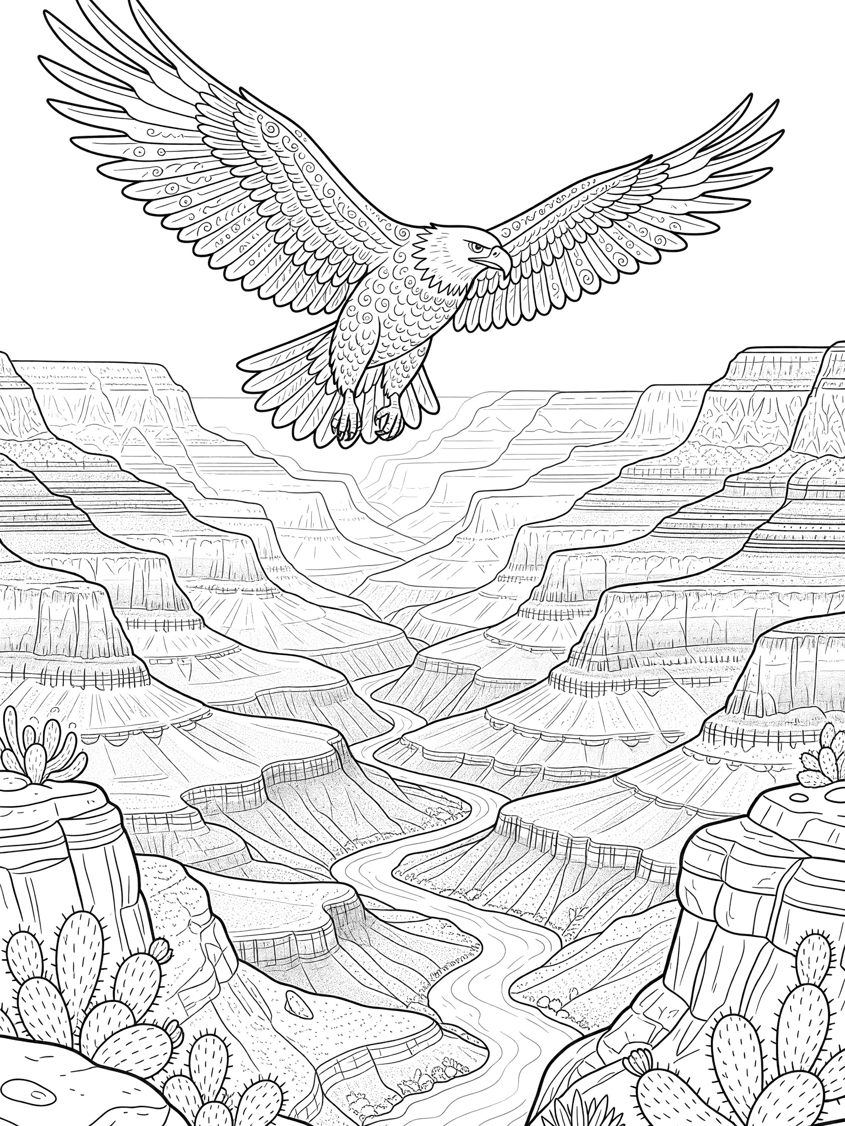 Black and white coloring page of a bald eagle flying over Grand Canyon cliffs, river, cacti, and rocks.