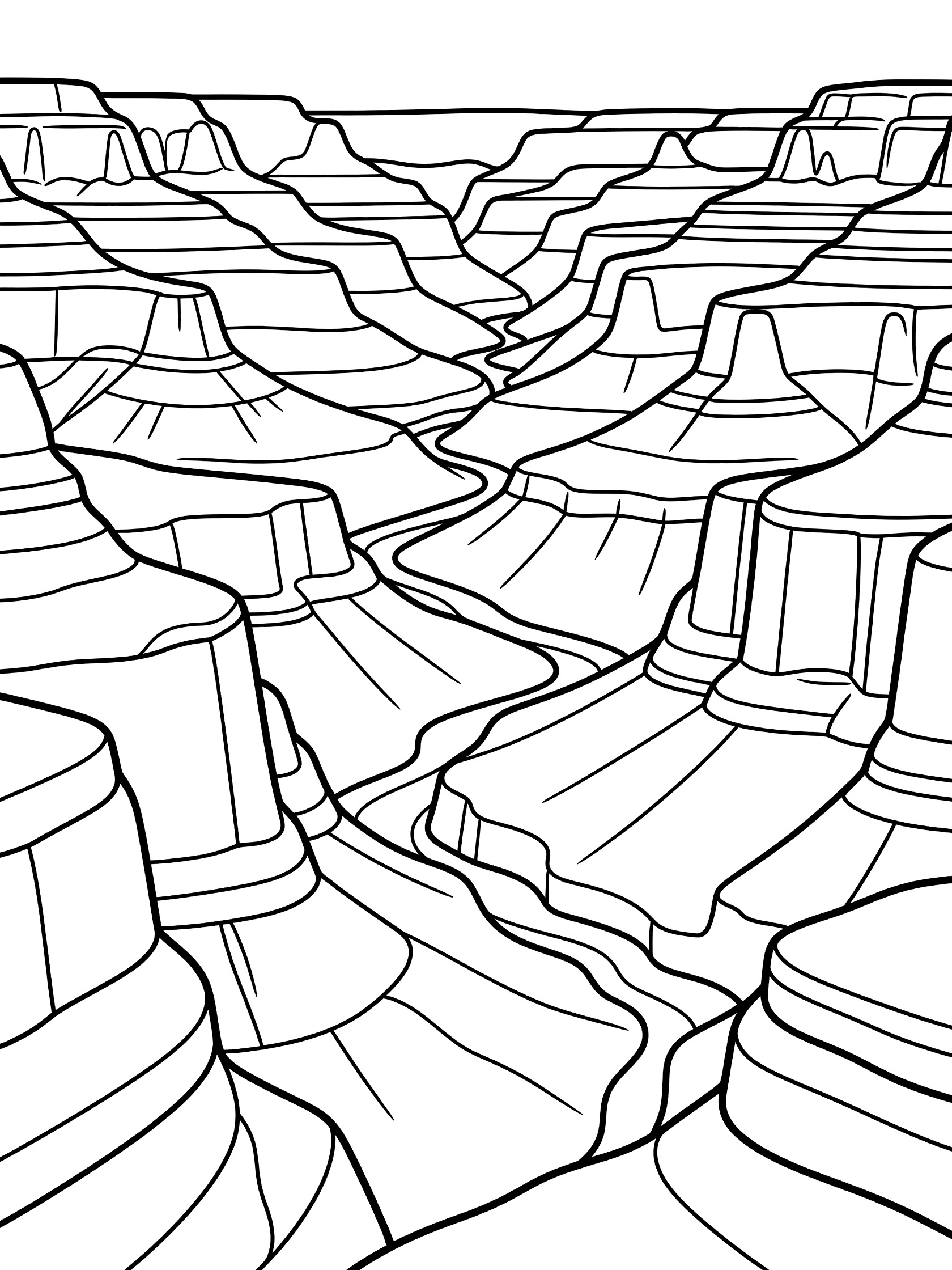Black and white line art coloring page of a panoramic canyon landscape with tall layered cliffs, plateaus, and a distant winding river, fully outlined for easy coloring.