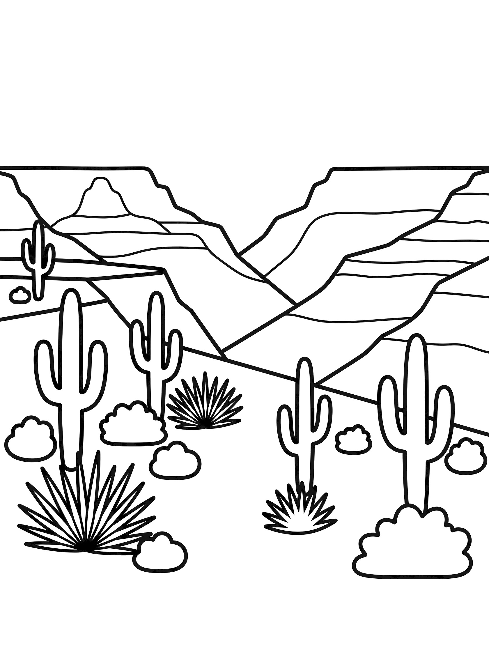 Black and white line art coloring page showing flat canyon rim with several tall cacti, spiky yucca plants, round bushes, and layered steep canyon drop-offs below.