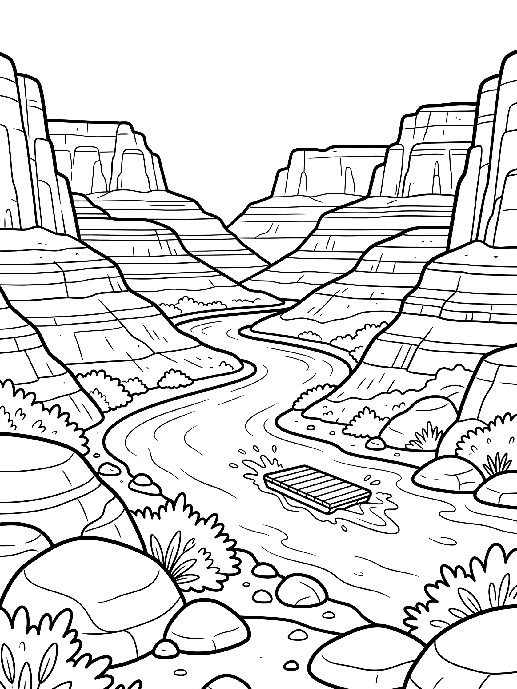 Cute cartoon line art coloring page of Grand Canyon with a winding river, small wooden raft, large boulders, scrubby bushes, and tall red rock cliffs.