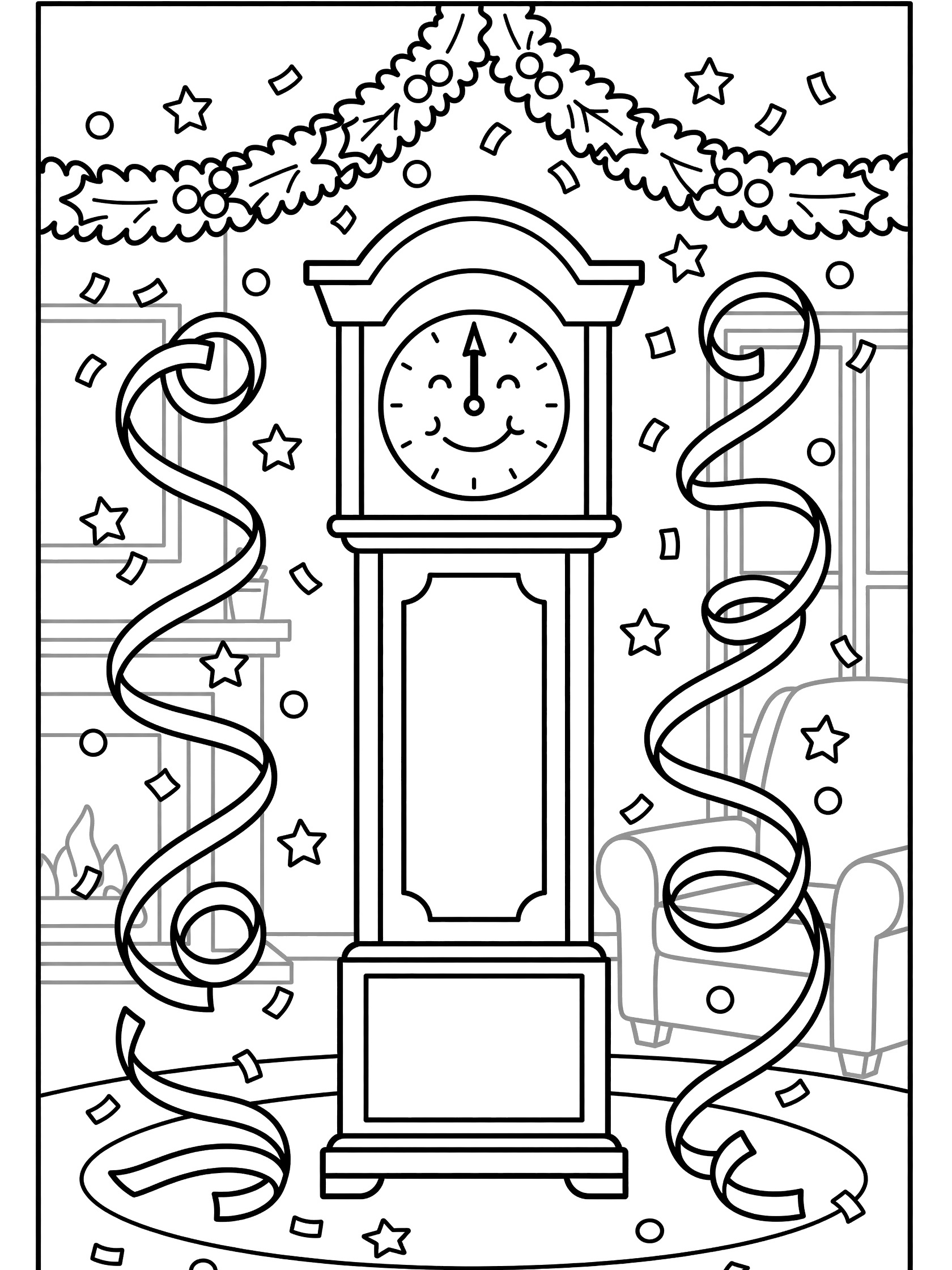 Black and white coloring page of a cheerful grandfather clock with hands at midnight for 2027, surrounded by falling confetti, swirling ribbons, and festive garlands in a cozy room.