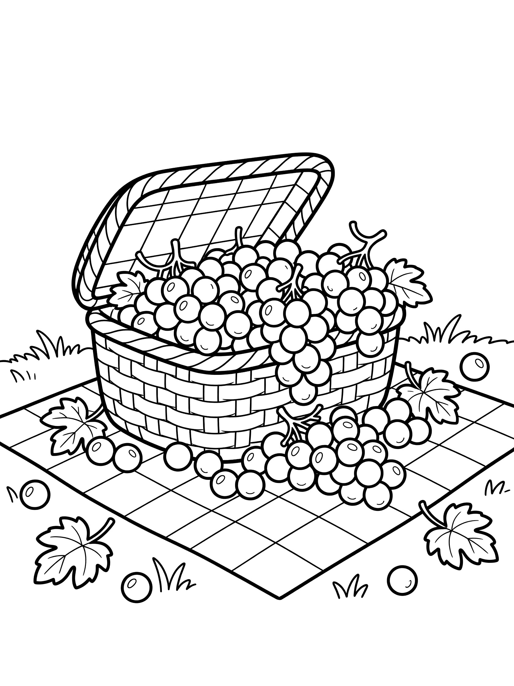 Cute cartoon line art of a picnic basket overflowing with bunches of grapes, checkered cloth, scattered leaves and stems on grass