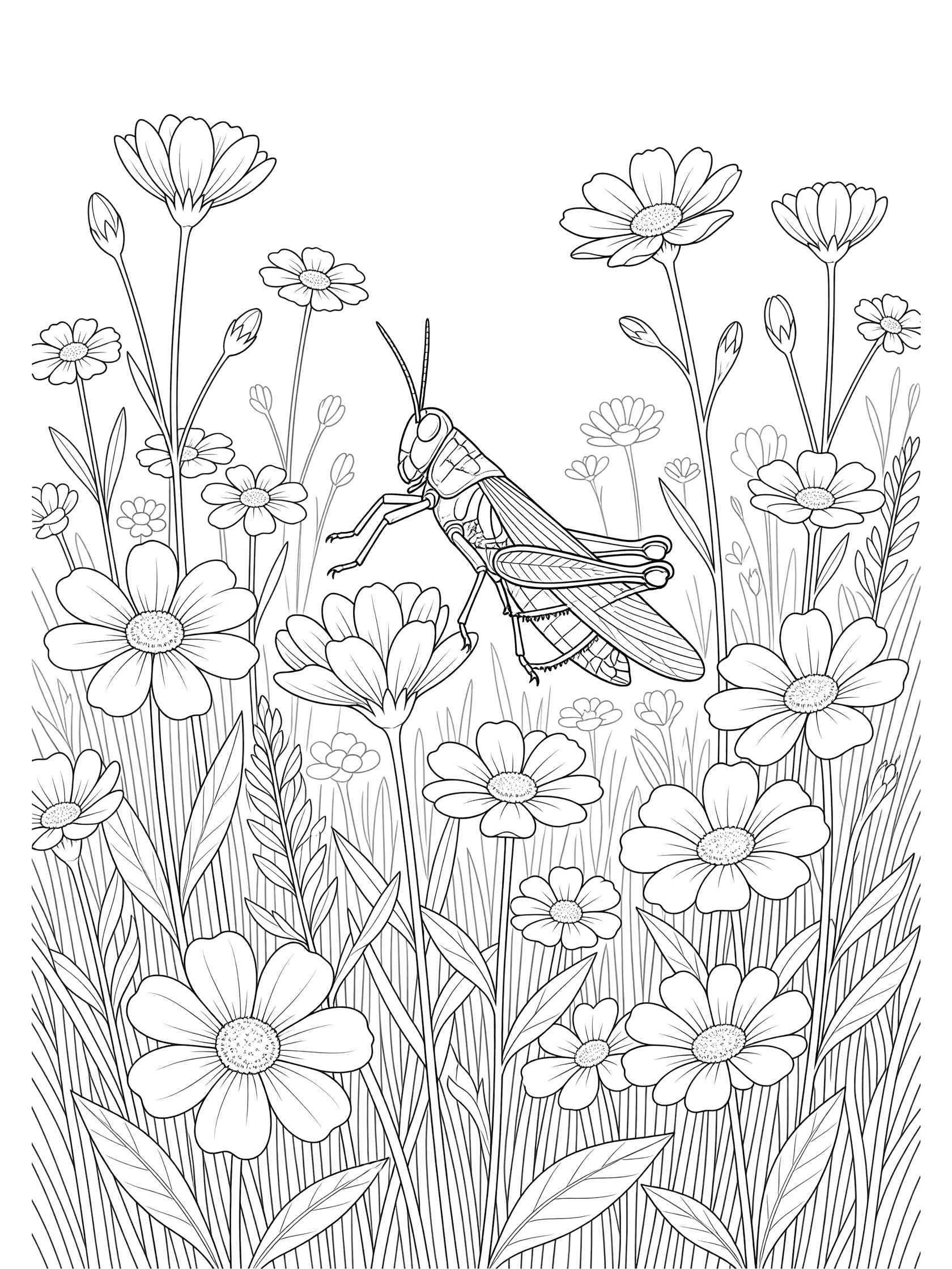 Black and white line art coloring page showing a tall grasshopper with long legs and antennae surrounded by daisies and grass stems.