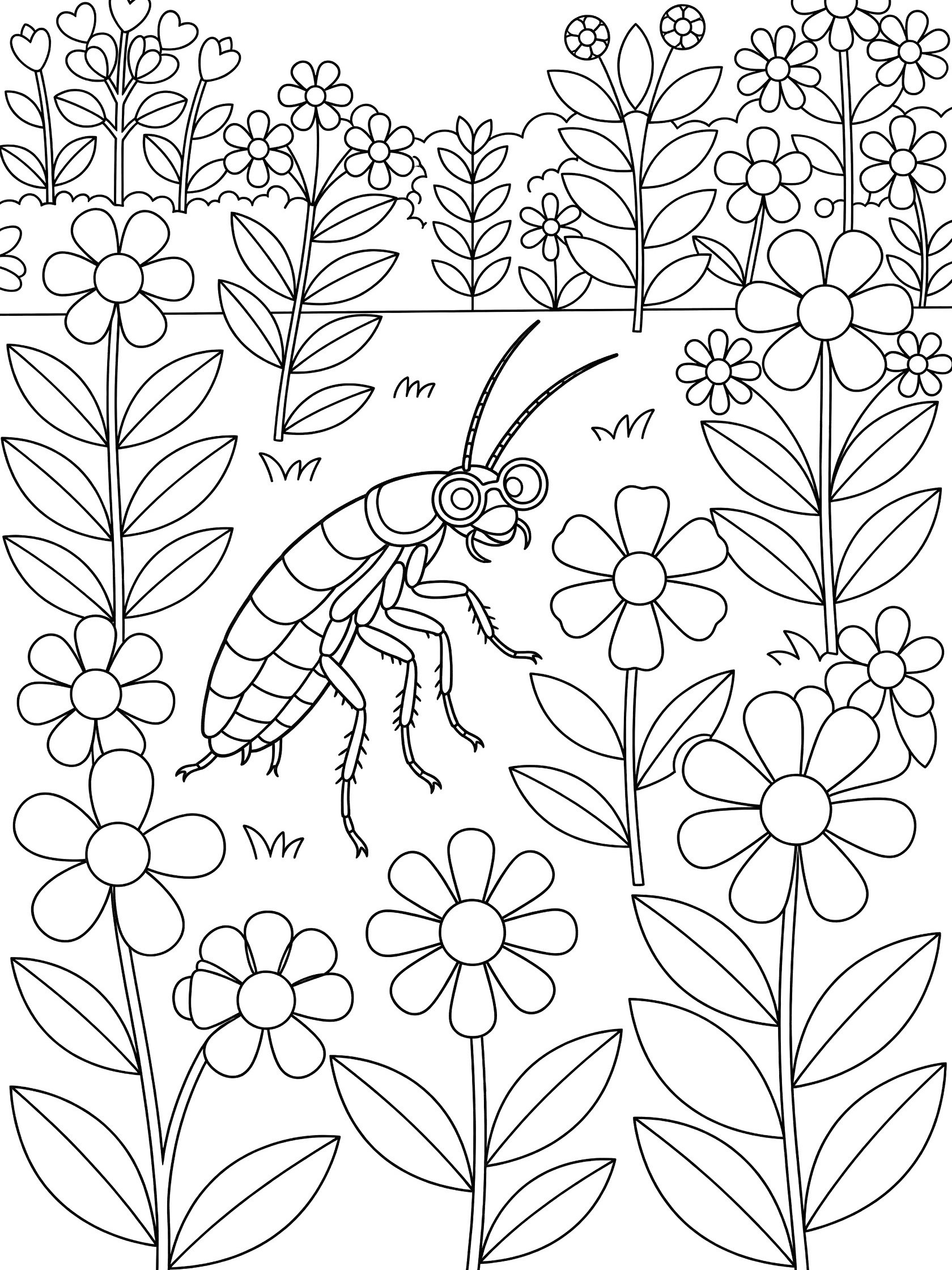 Black and white line drawing of a grasshopper on leaves surrounded by flowers, printable coloring page. Cockroach themed black and white printable line art