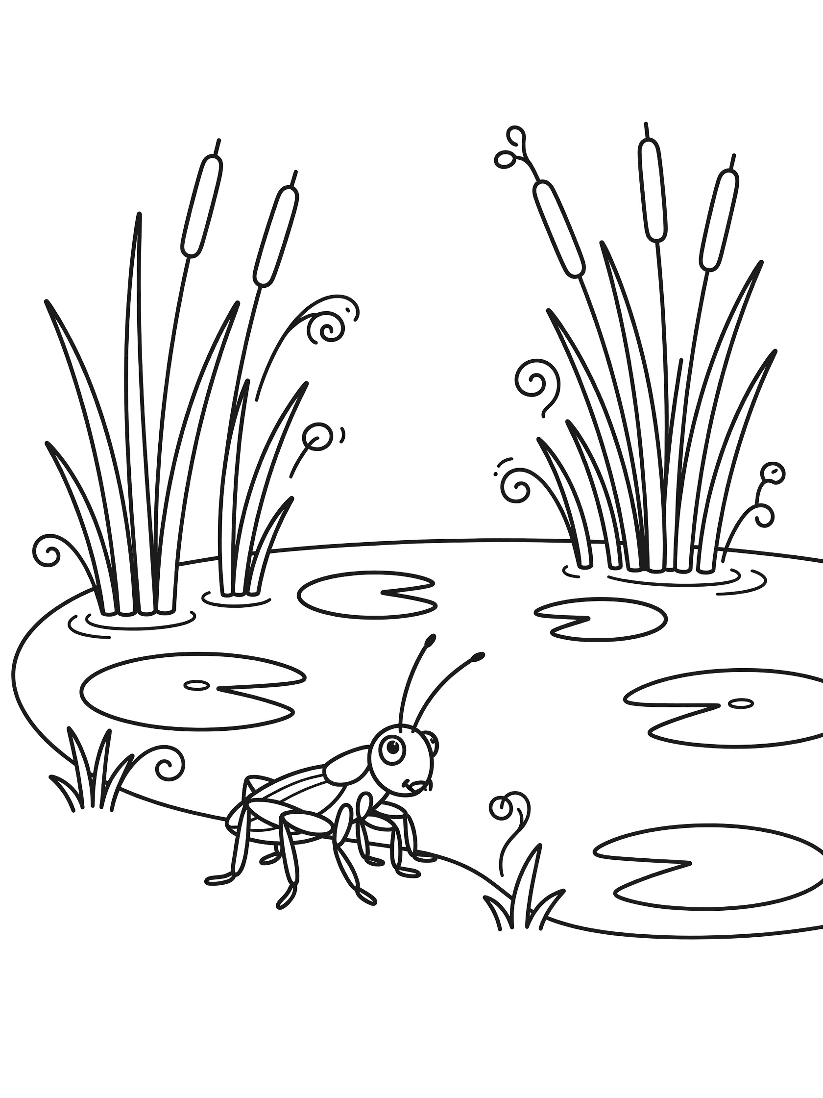 Black and white line art coloring page showing a grasshopper standing at the edge of a pond with lily pads, reeds, and swirly details. Cricket themed black and white printable line art