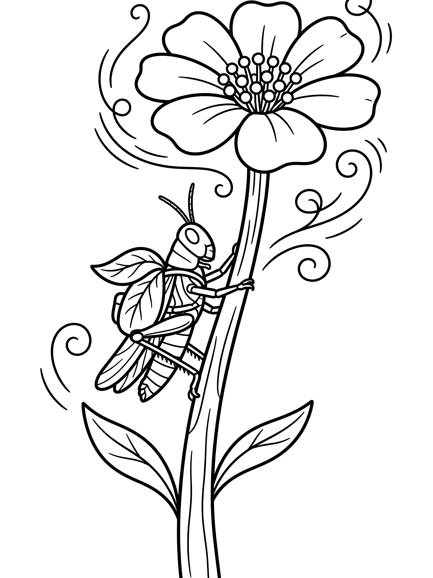 Black and white line art coloring page showing a grasshopper with big eyes and legs climbing up a flower stem with petals and leaves.