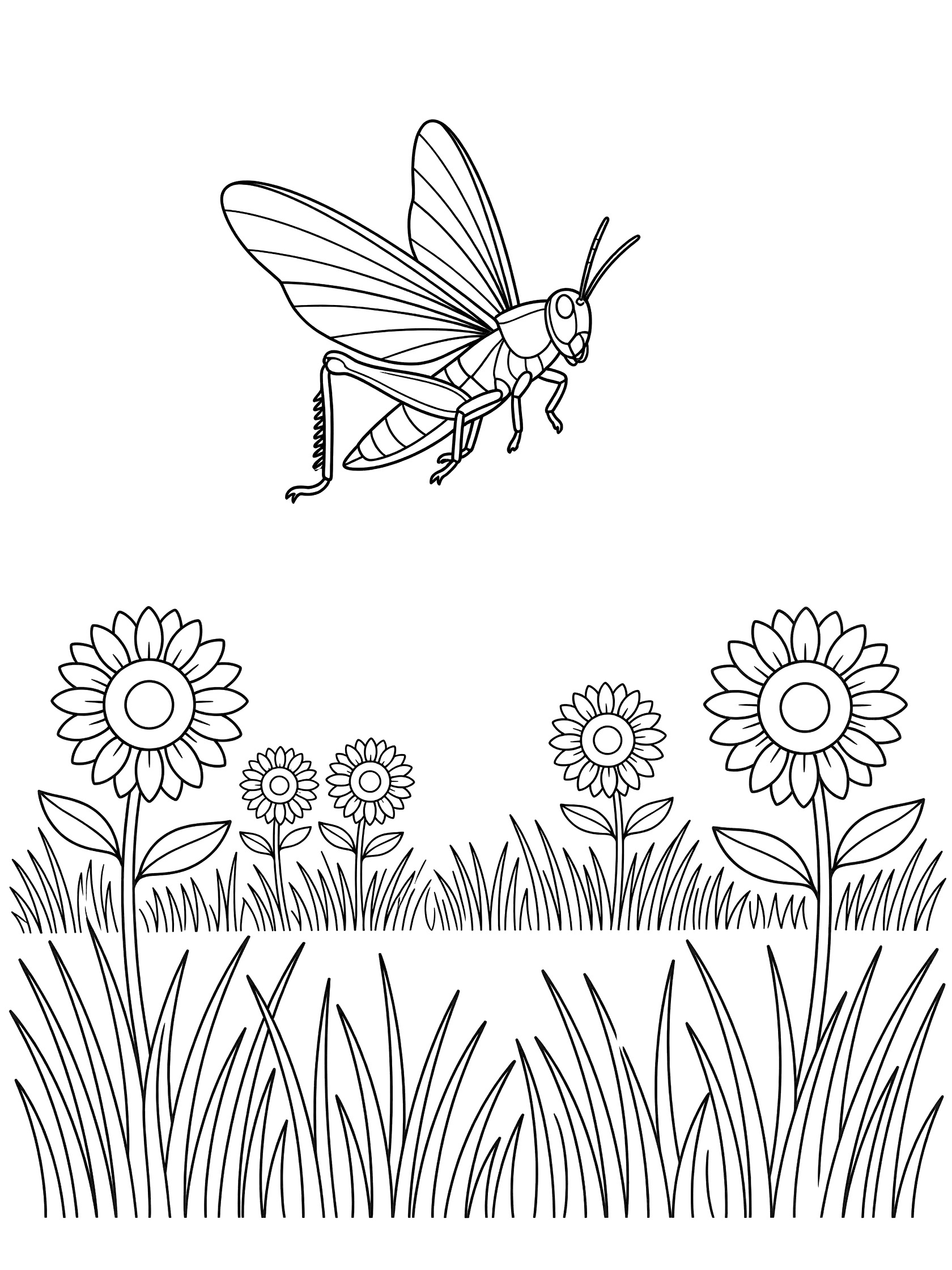 Black and white line art coloring page showing a grasshopper soaring in the air above a meadow of tall grass and sunflowers. Locust themed black and white printable line art