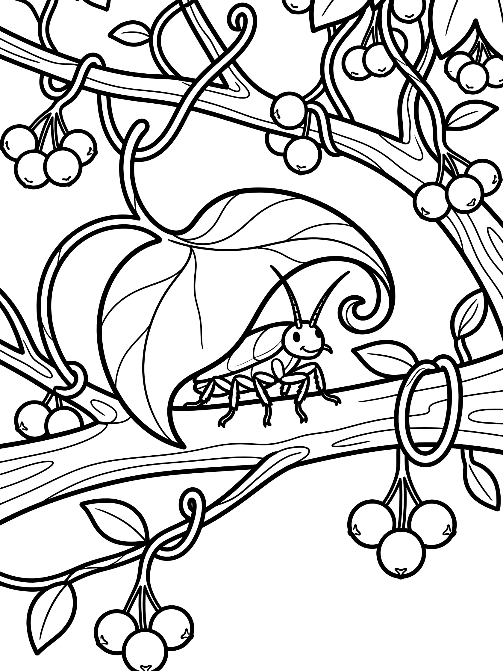 Printable coloring page showing a grasshopper hiding under a large curly leaf on a tree branch surrounded by twisting vines and clusters of berries. Cockroach themed black and white printable line art