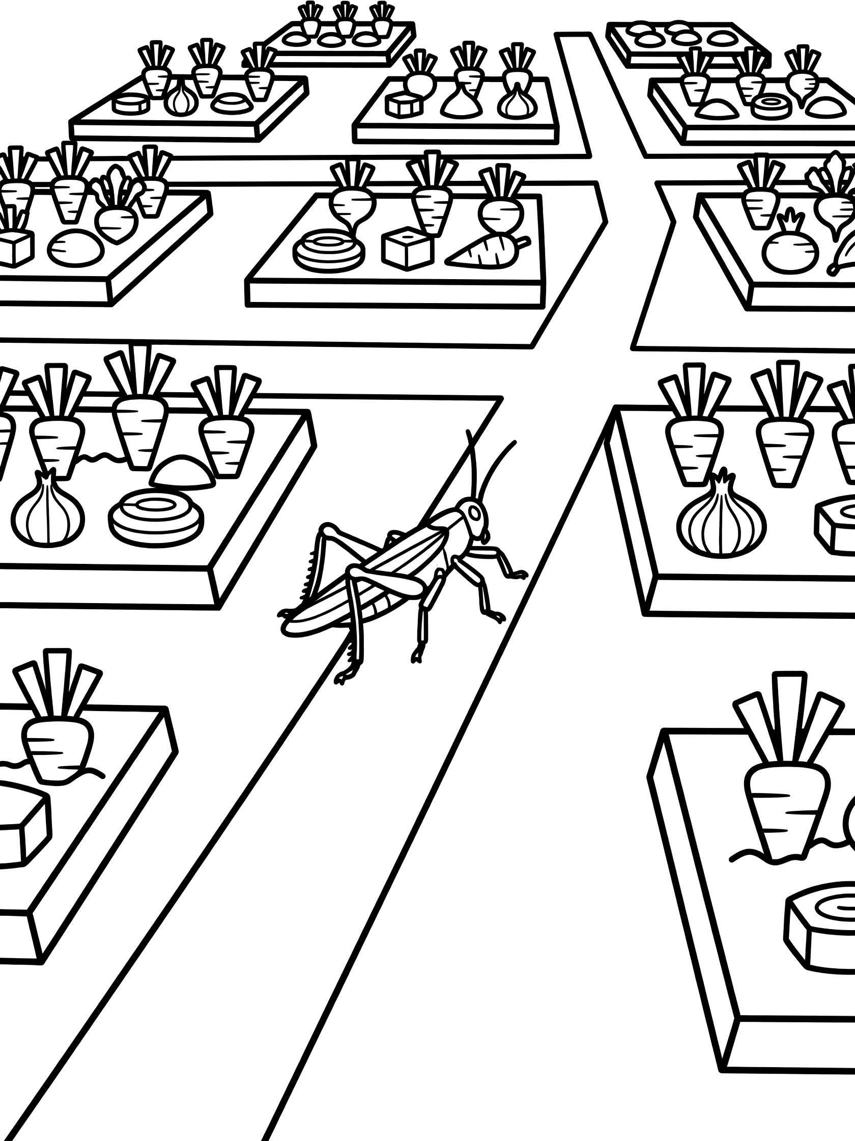 Black and white line art of a grasshopper in a geometric raised bed vegetable garden with square beds of carrots, beets, onions, and straight paths. Locust themed black and white printable line art