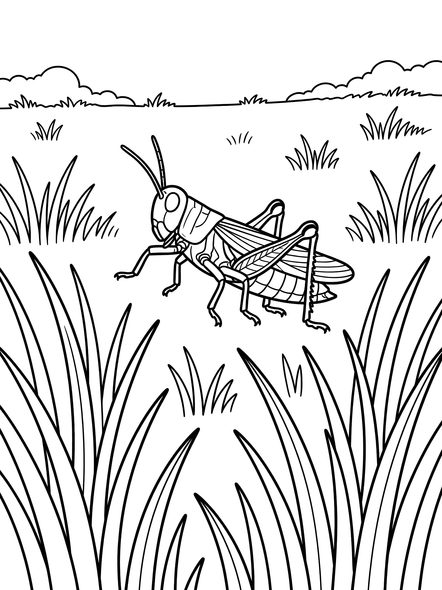Black and white line art coloring page showing a grasshopper with bent legs and antennae mid-jump surrounded by tall grass blades on a white background.