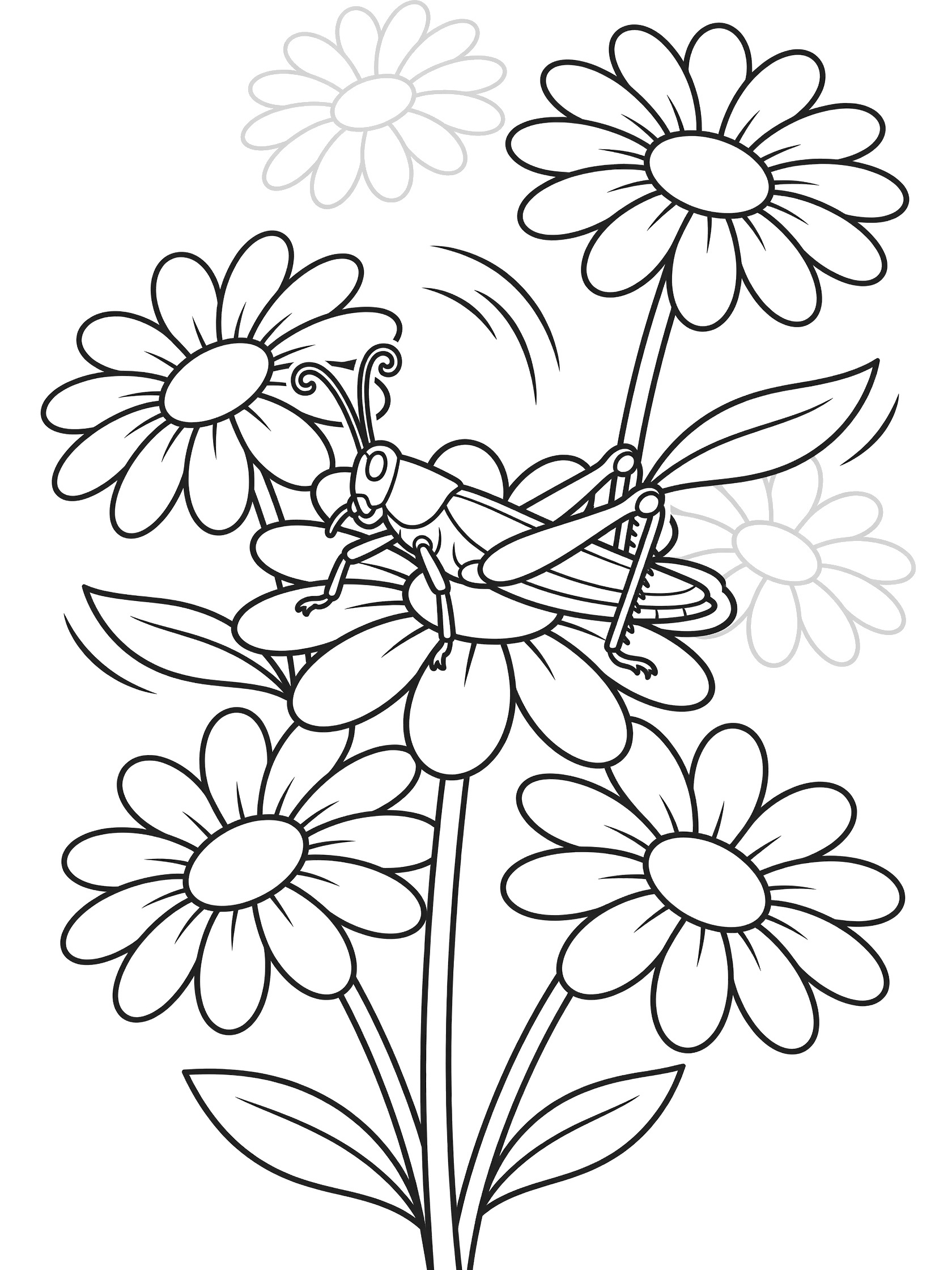 Black and white line art coloring page showing a grasshopper on flower stems with many daisies and leaves. Locust themed black and white printable line art