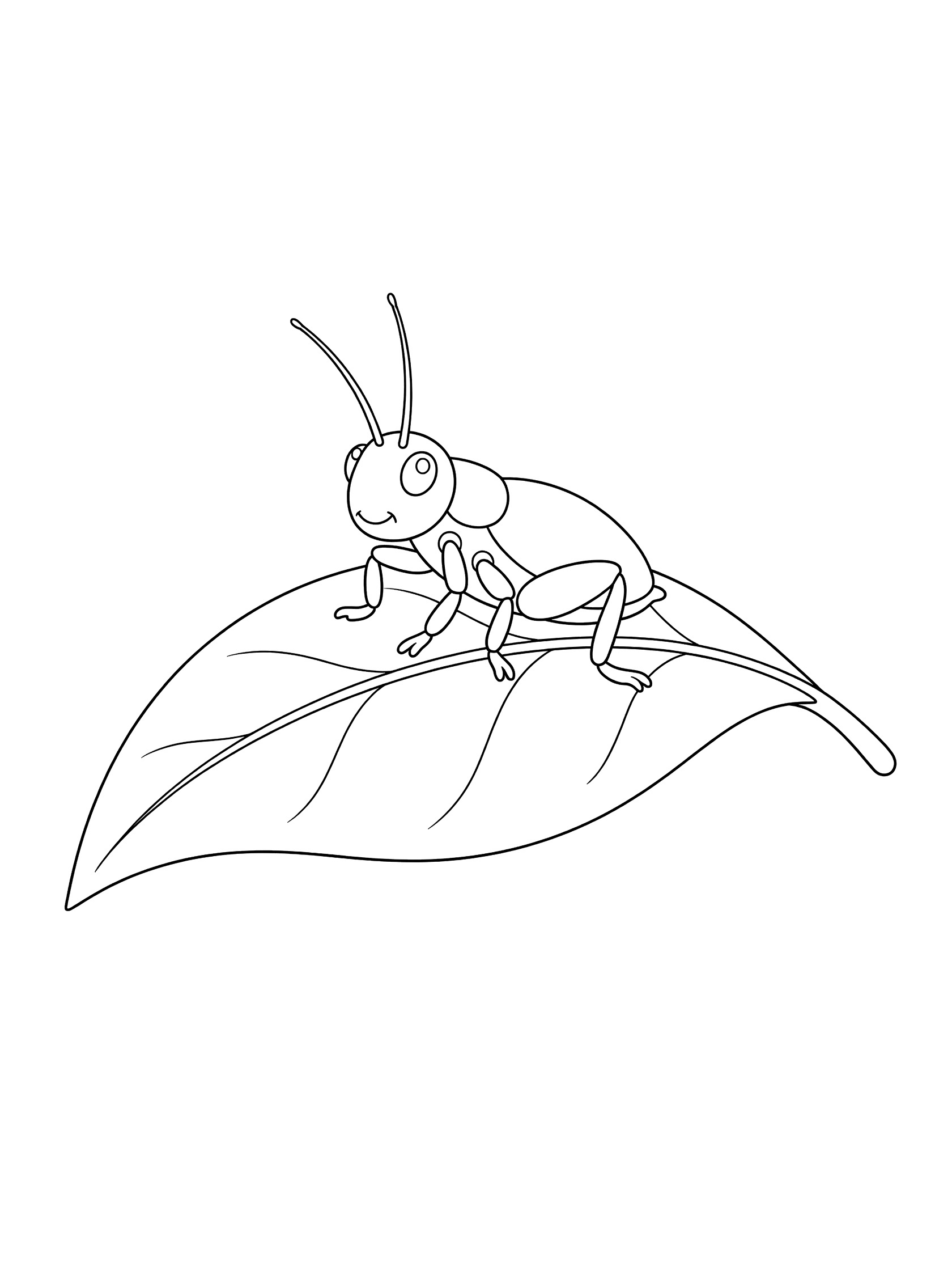 Black and white line art coloring page showing a happy grasshopper with raised antennae perched on a large curved leaf. Cricket themed black and white printable line art