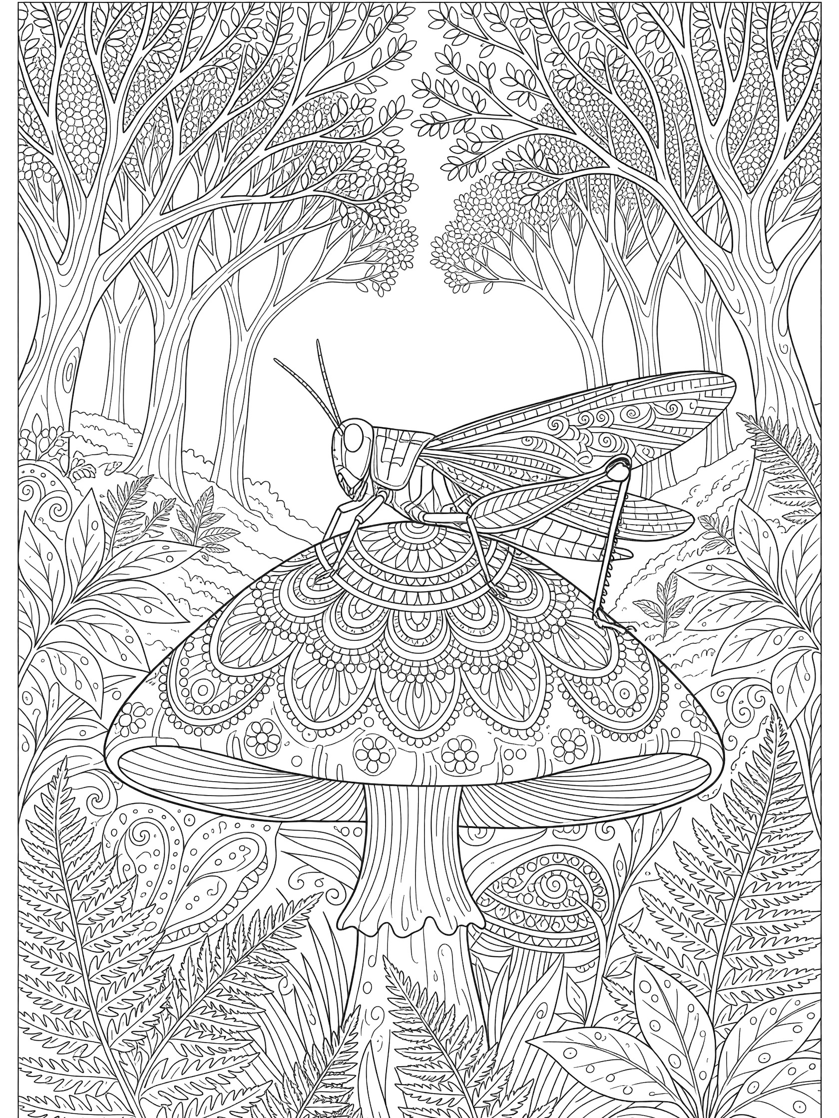 Black-and-white coloring page showing a grasshopper with patterned wings sitting on a detailed mushroom surrounded by ferns and forest trees.
