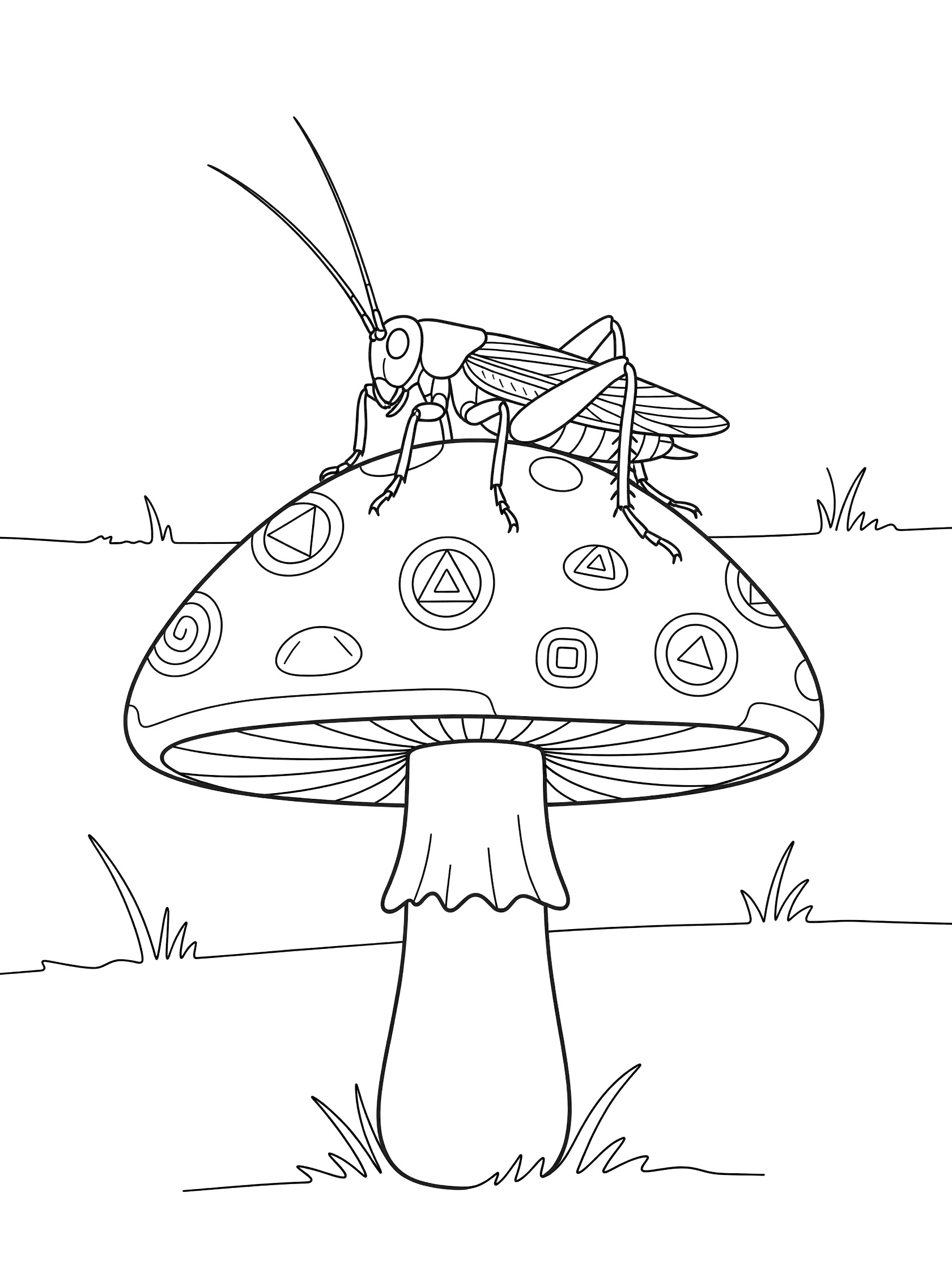 Black and white line art coloring page showing a detailed grasshopper balanced on top of a mushroom with geometric spots on the cap and a curved stem. Cricket themed black and white printable line art