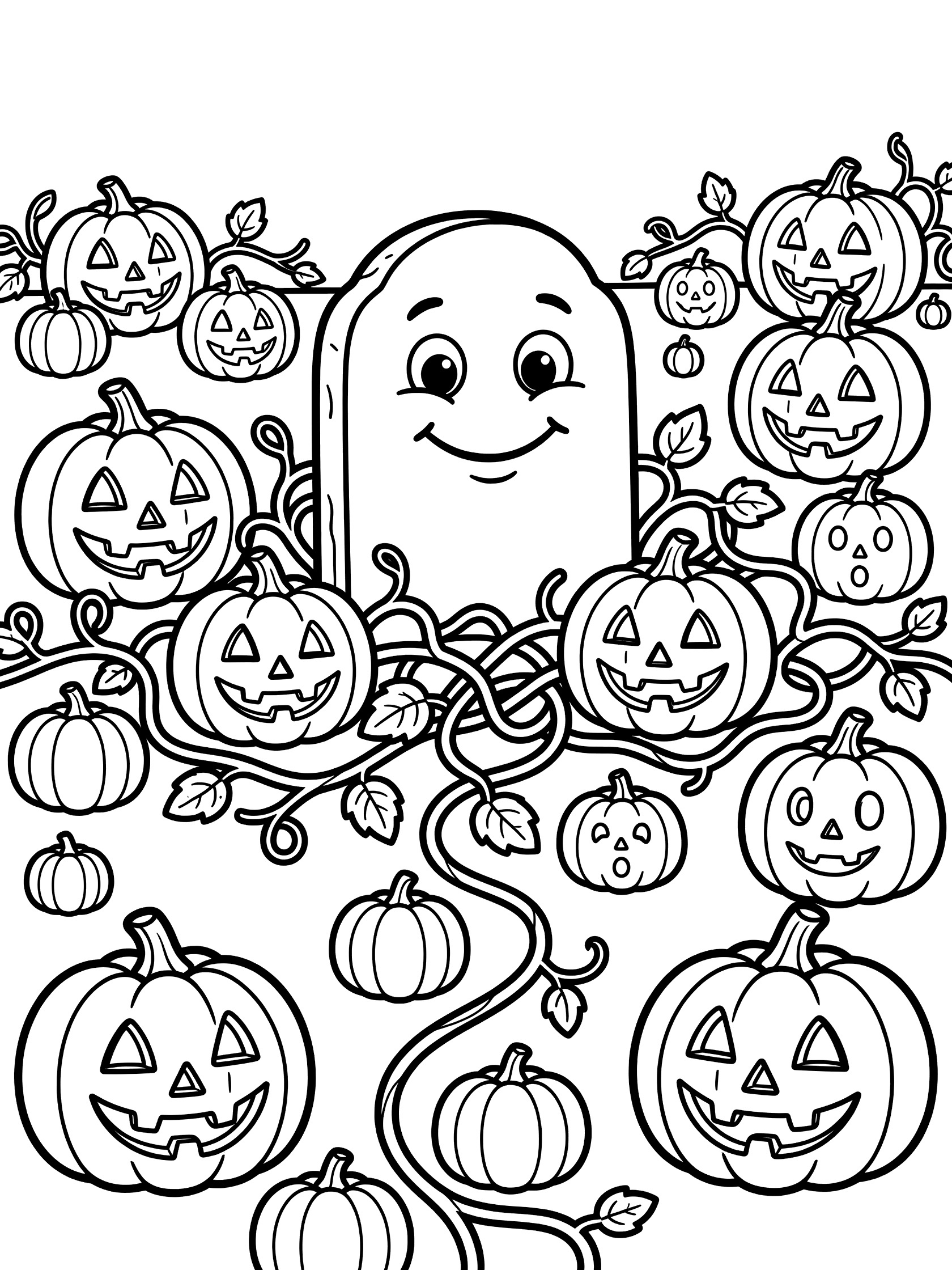 Black-and-white coloring page of a friendly gravestone in a Halloween pumpkin patch with carved jack-o'-lanterns and vines
