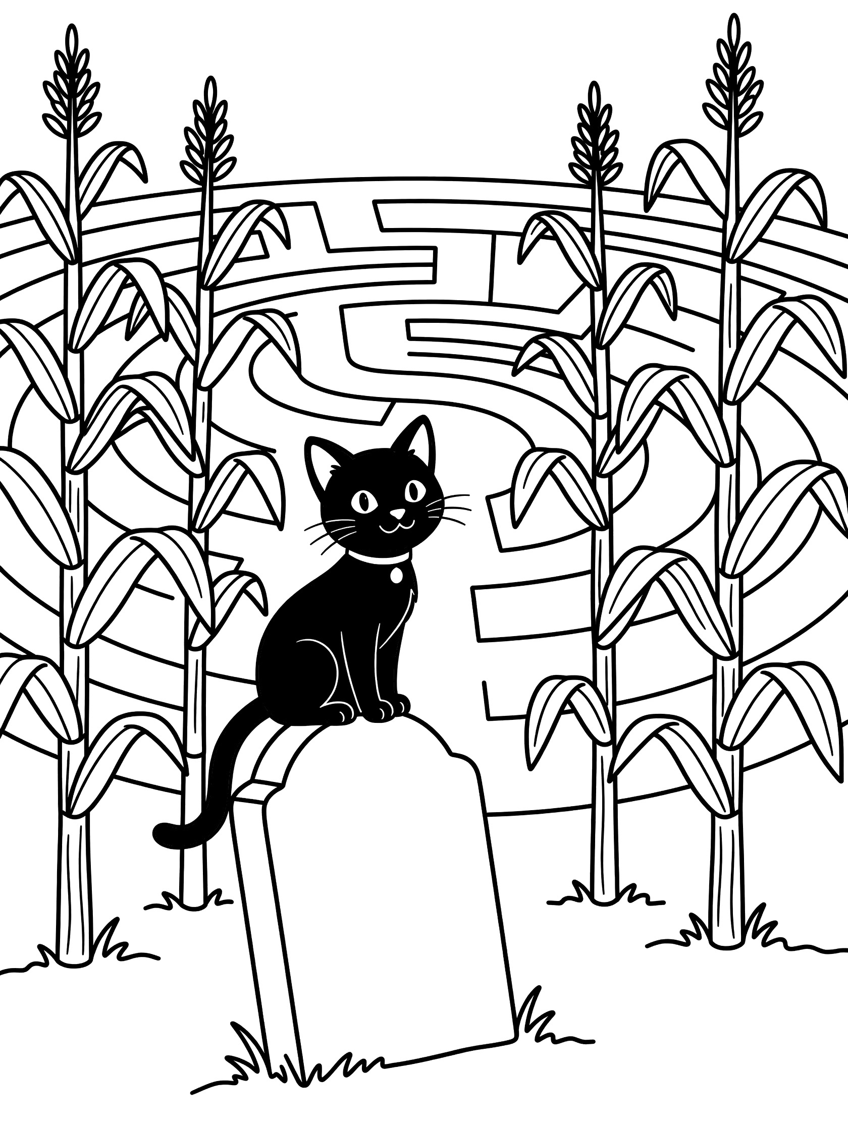 Black and white line art coloring page showing a gravestone with a curious black cat perched on top, framed by corn maze stalks.