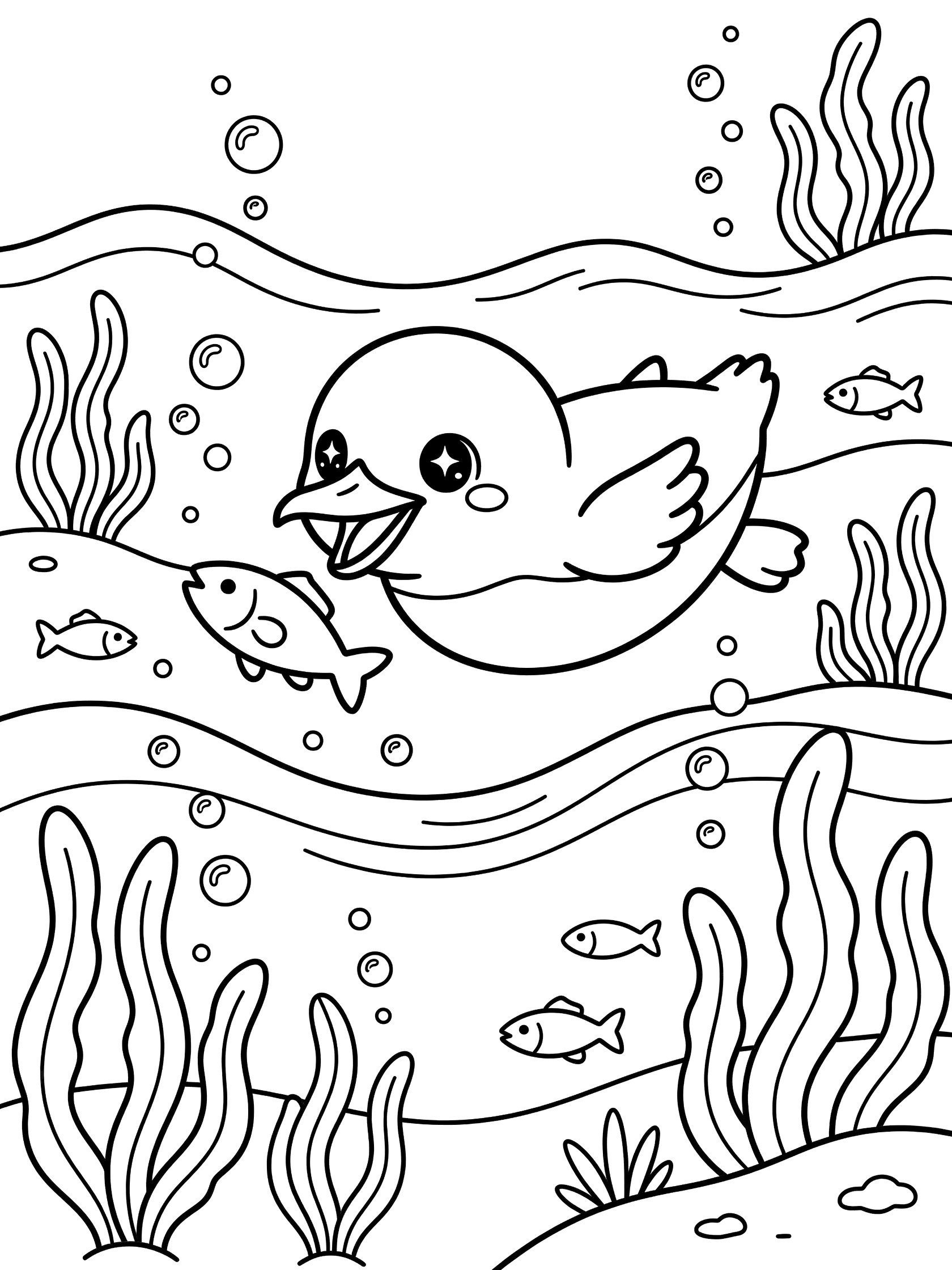 Cute kawaii Great Auk with big sparkling eyes and chubby body diving to catch a shiny fish in its beak, surrounded by gentle waves, bubbles, seaweed, and small fish.
