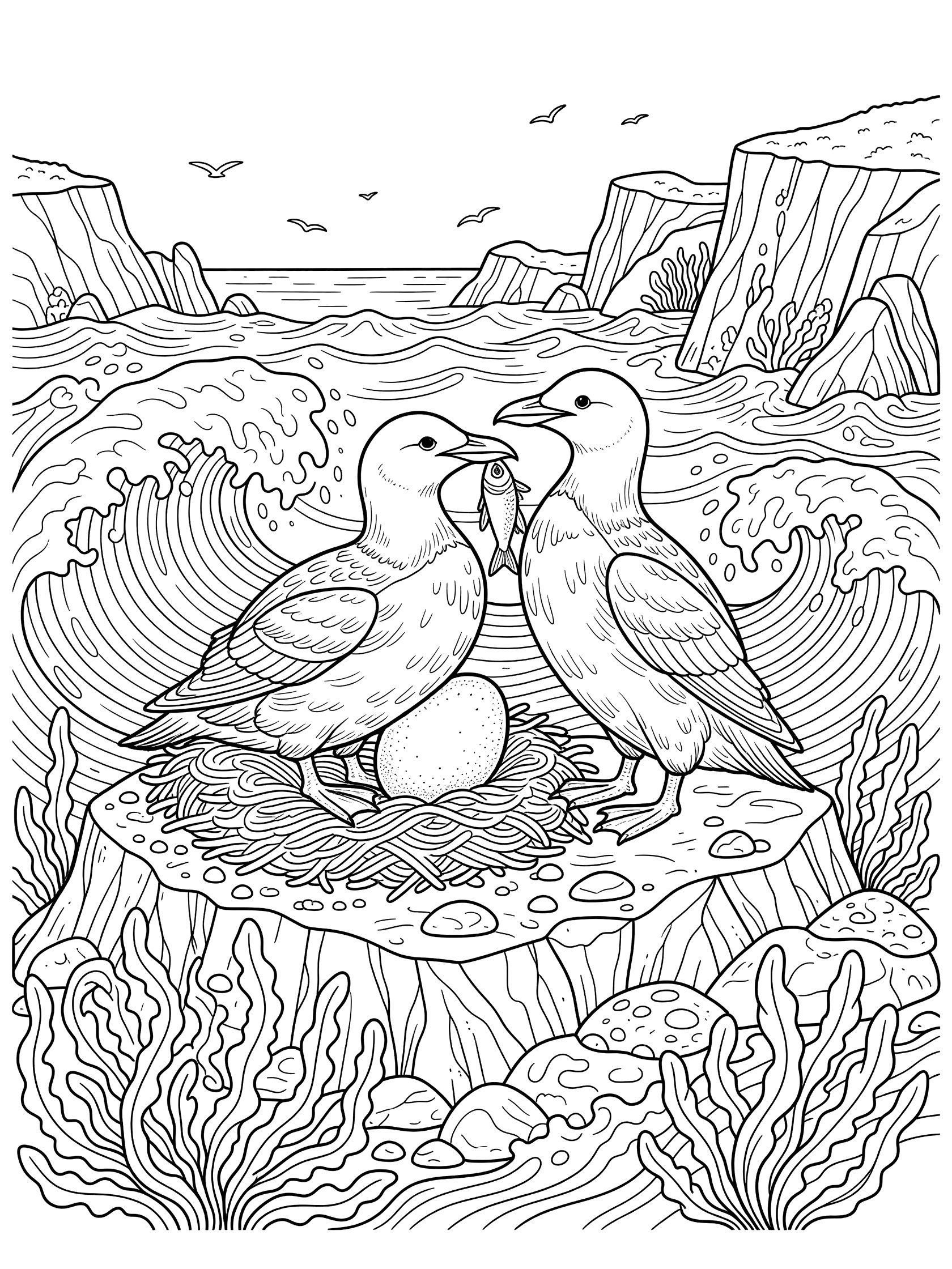 Black-and-white coloring page of two Great Auks on a rocky nest with a speckled egg, one offering a fish, surrounded by waves, seaweed, and seabirds.