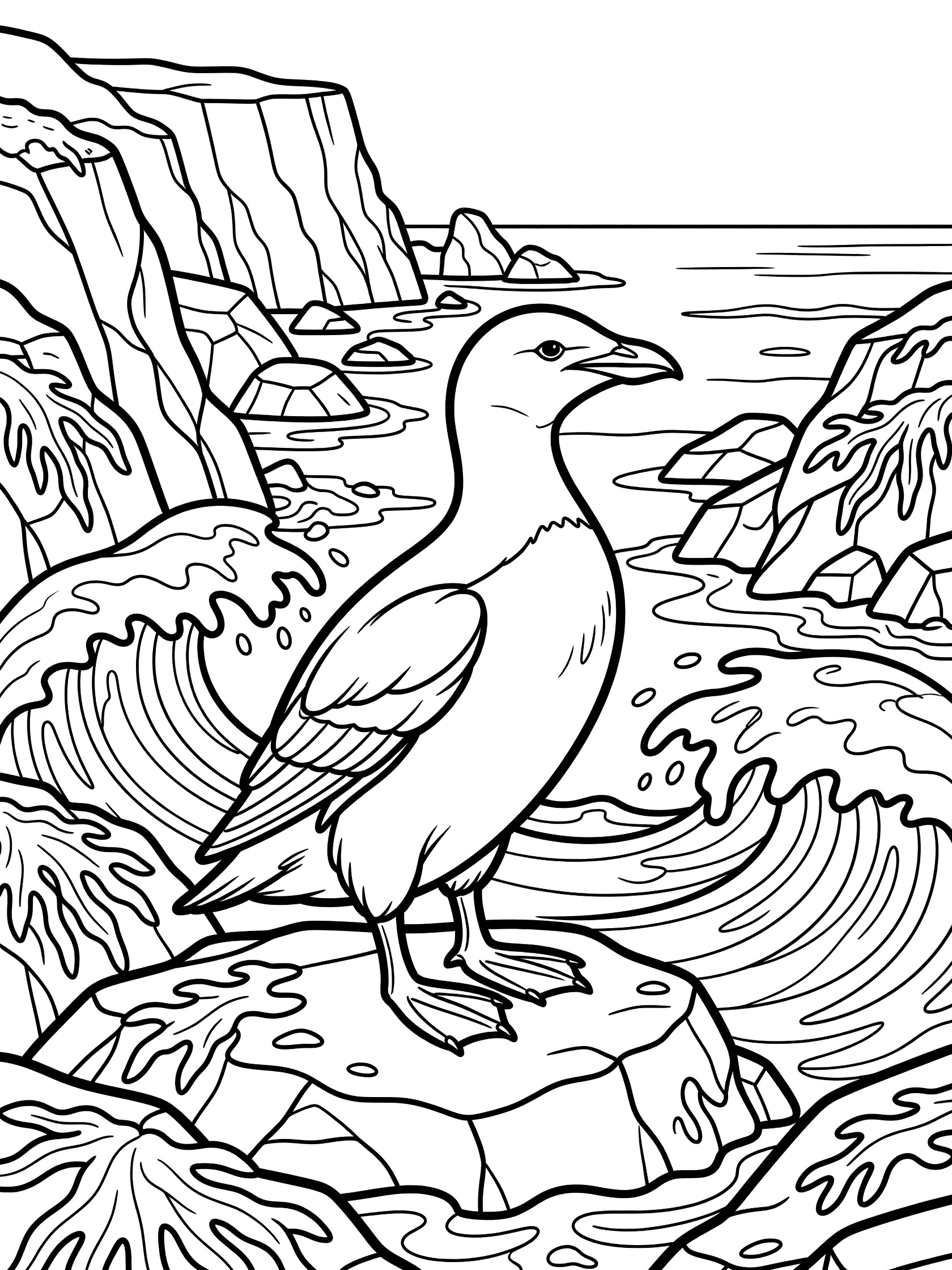 Black and white line art of a great auk bird on a rocky shore with ocean waves, cliffs, and seaweed.