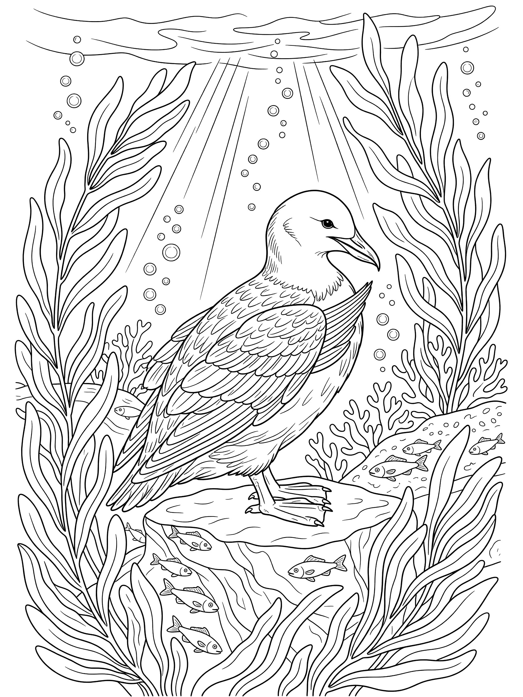 Line art coloring page showing a Great Auk bird preening wing feathers underwater, surrounded by swaying kelp, small fish schools, bubbles, light rays, and coral on a rocky ledge.