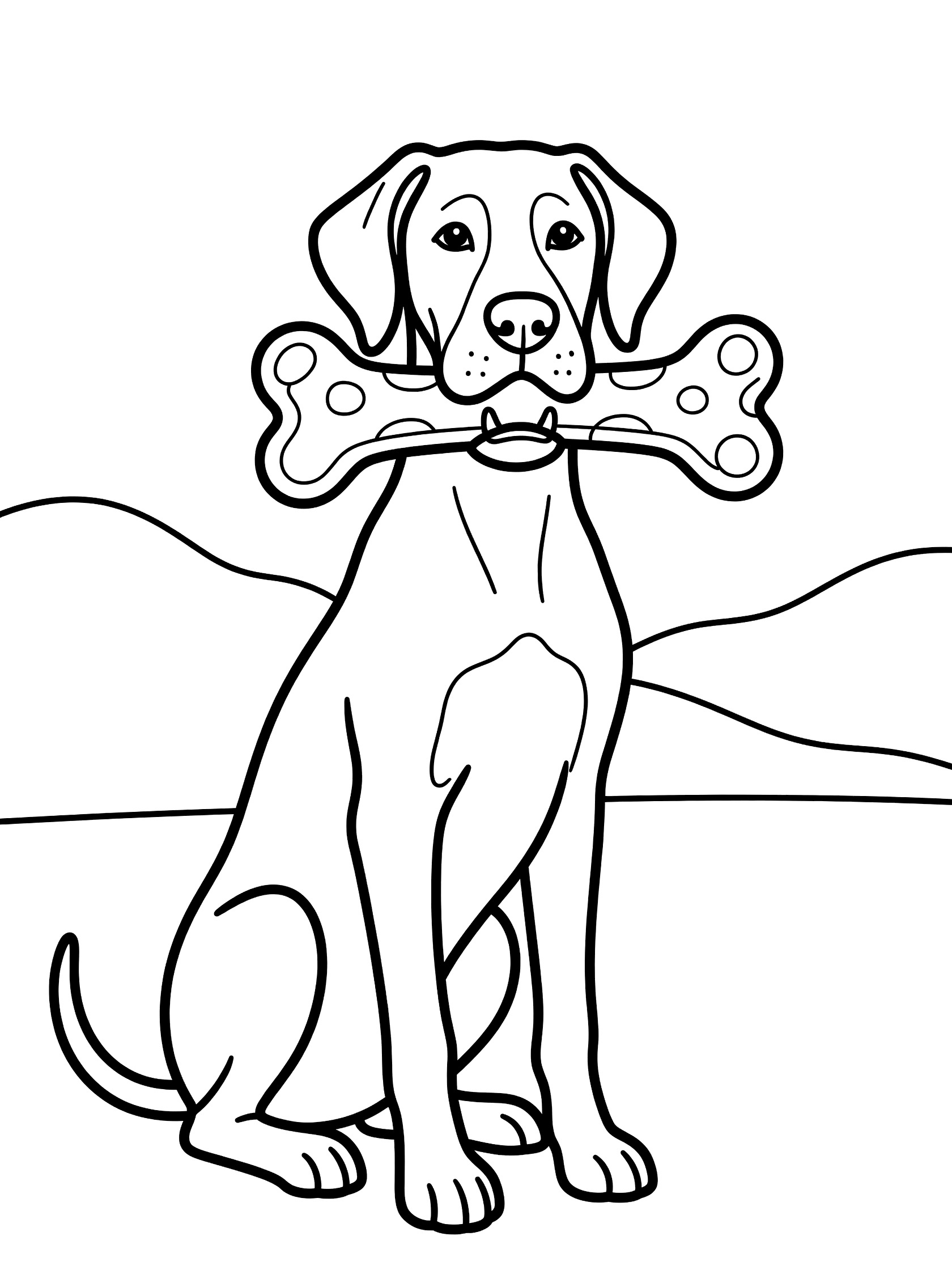 Black and white line art coloring page showing a Great Dane dog with a large bone in its mouth, sitting in front of simple hill shapes.